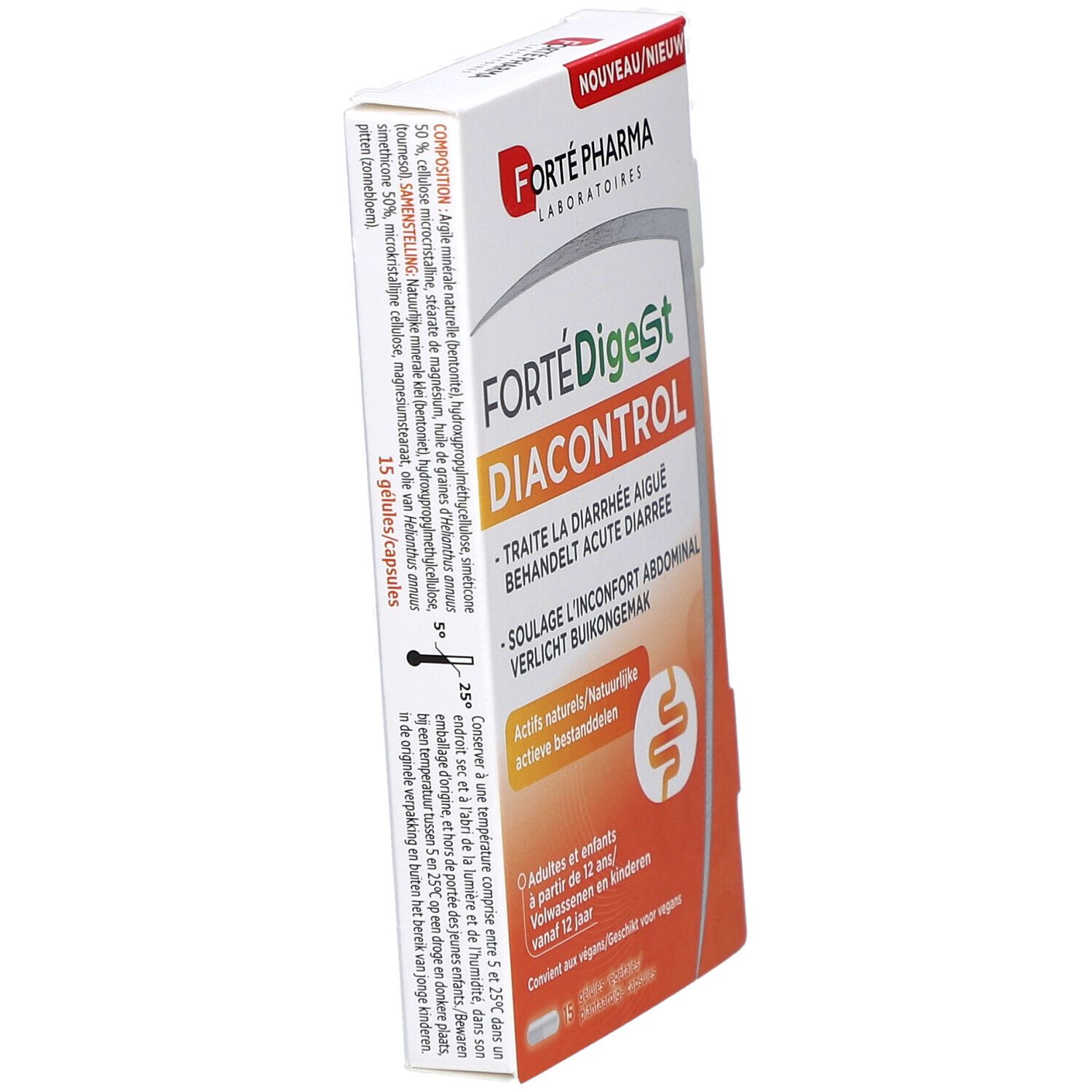 Boîte blanche FortéDigest Diacontrol. Contient 15 gélules. Texte en français, néerlandais et anglais. Logo Forté Pharma. Vue en perspective.