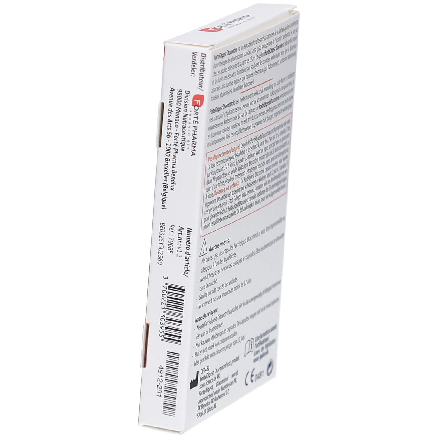 Boîte blanche avec texte en français, néerlandais et anglais. Informations sur Forté Pharma et numéro d'article. Vue en perspective.