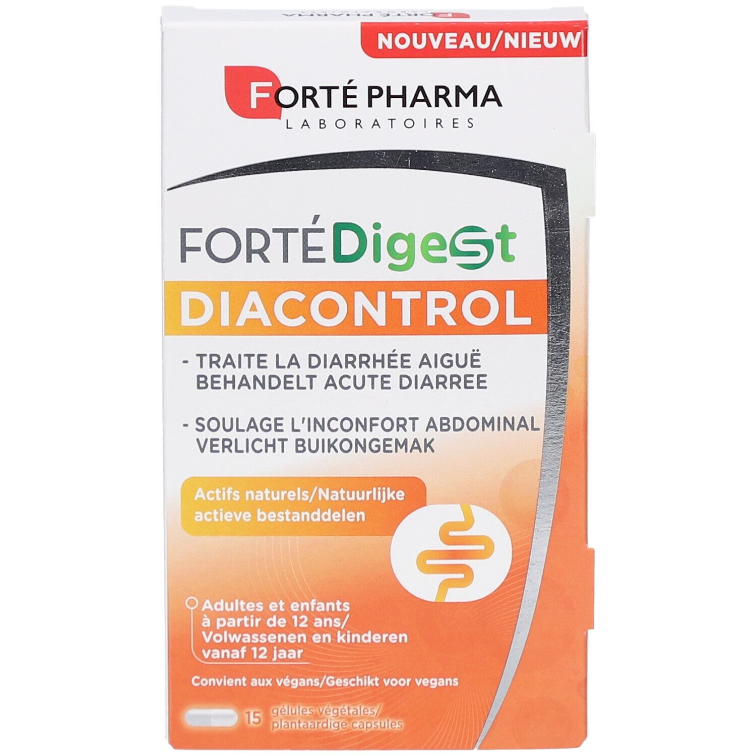 Boîte blanche FortéDigest Diacontrol. Texte en français, néerlandais et anglais. Logo Forté Pharma. Indiqué pour les adultes et enfants de 12 ans.