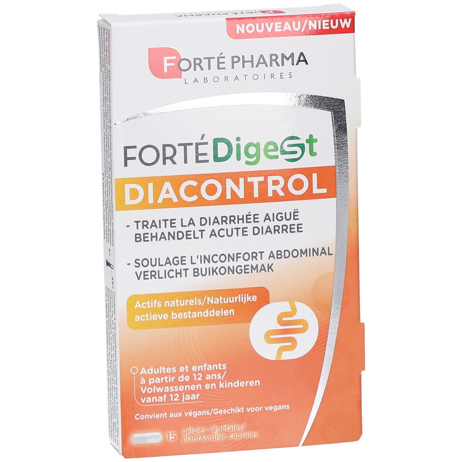 Boîte blanche FortéDigest Diacontrol. Texte en français, néerlandais et anglais. Logo Forté Pharma. Indiqué pour les adultes et enfants de 12 ans.