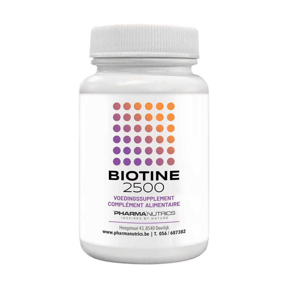 Flacon blanc Pharmanutrics Biotine 2500. Inscription: 60 gélules. Logo violet-orange. Bouchon blanc.