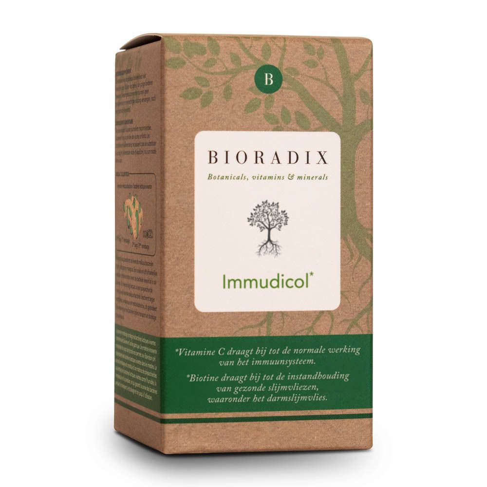 Boîte marron. Inscription : Bioradix Immudicol. Botanicals, vitamines et minéraux. Texte sur la vitamine C et la biotine.