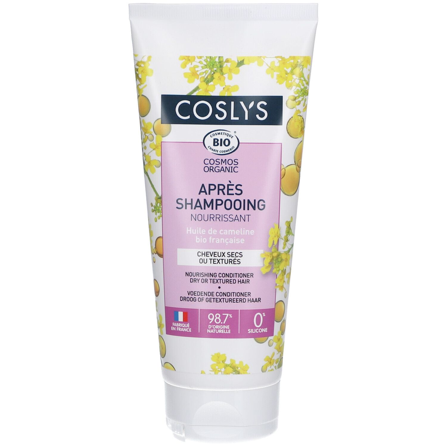 Tube de crème avec nom du produit et informations. Certification bio. Drapeau français. Inscription : Après Shampooing Nourrissant.