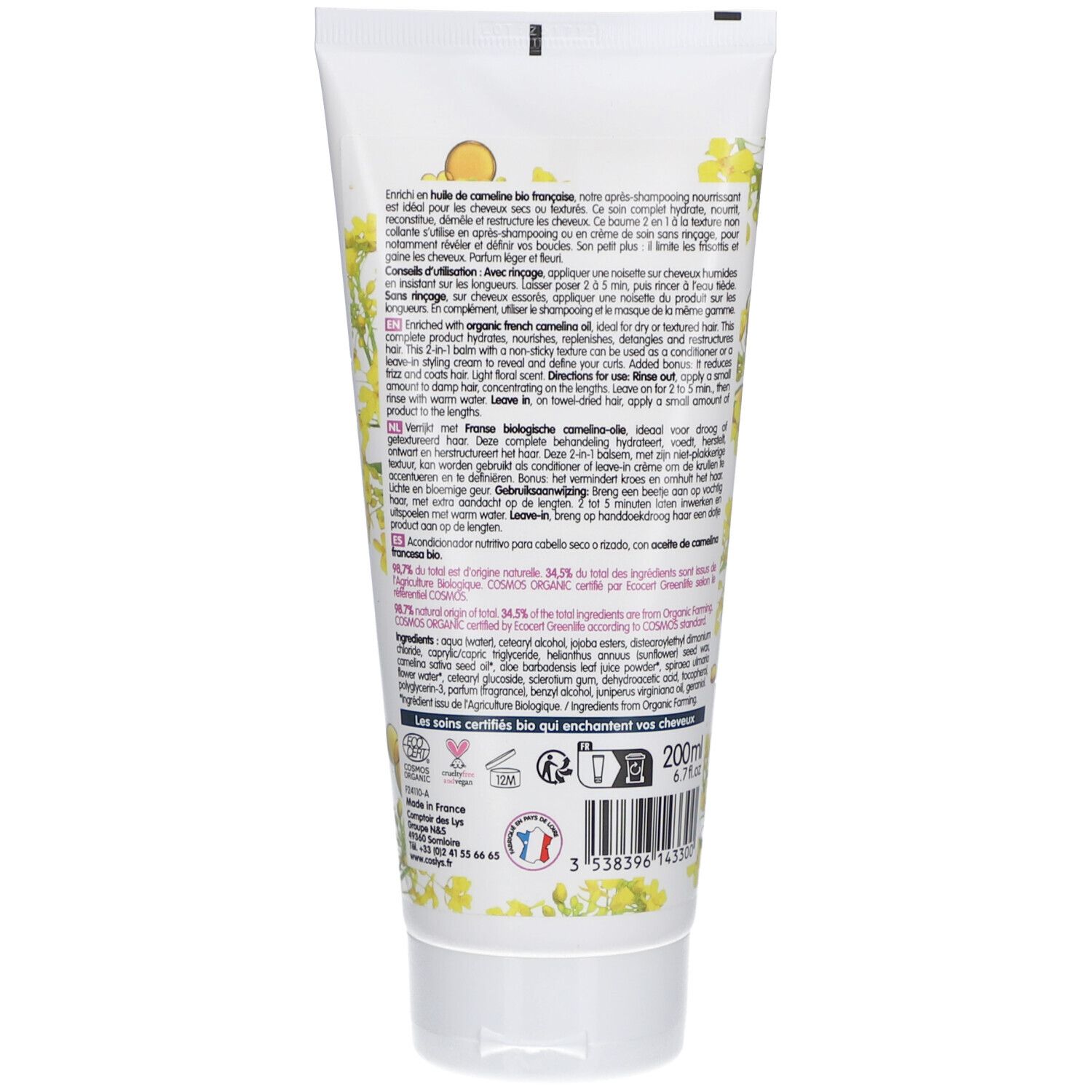 Dos d'un tube de crème avec texte et symboles. Certification bio. Drapeau français. Indication de volume : 200ml.
