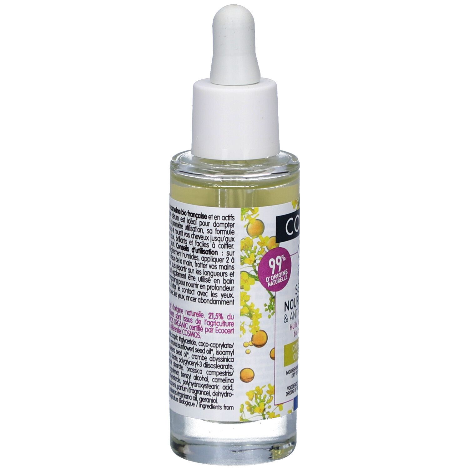 Vue arrière du flacon de sérum. Inscriptions : Coslys, Sérum nourrissant & anti-frisottis. Certification bio. Ingrédients et texte.