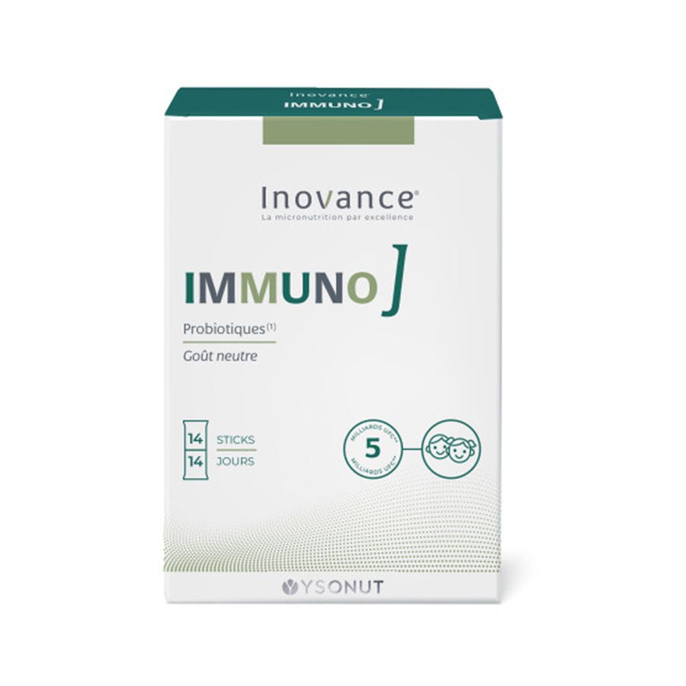 Boîte blanche "Inovance Immuno J". Contient 14 sticks. Inscription : Probiotiques, Goût neutre. Logo Ysonut en bas.