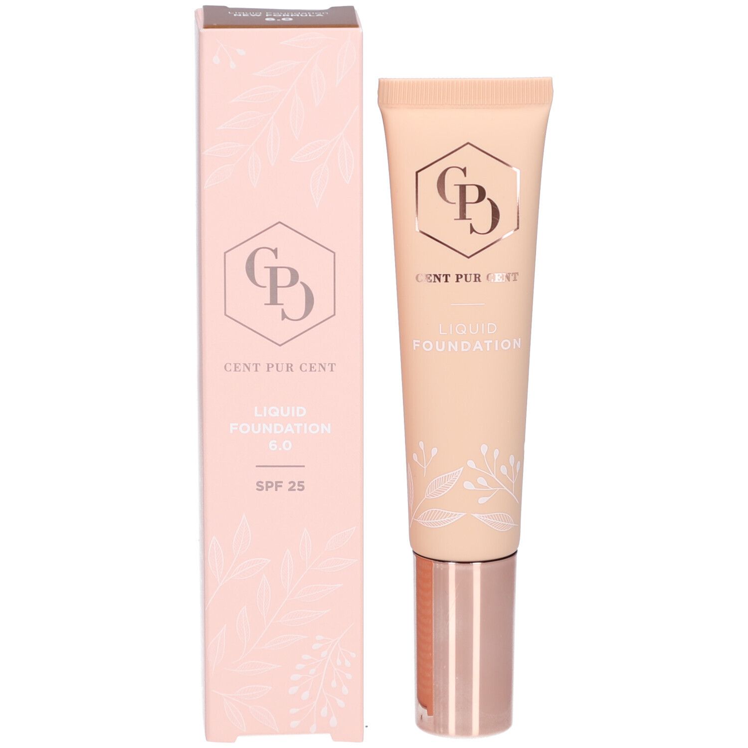 Tube et emballage. Inscription: Cent Pur Cent Liquid Foundation 6.0 SPF 25.