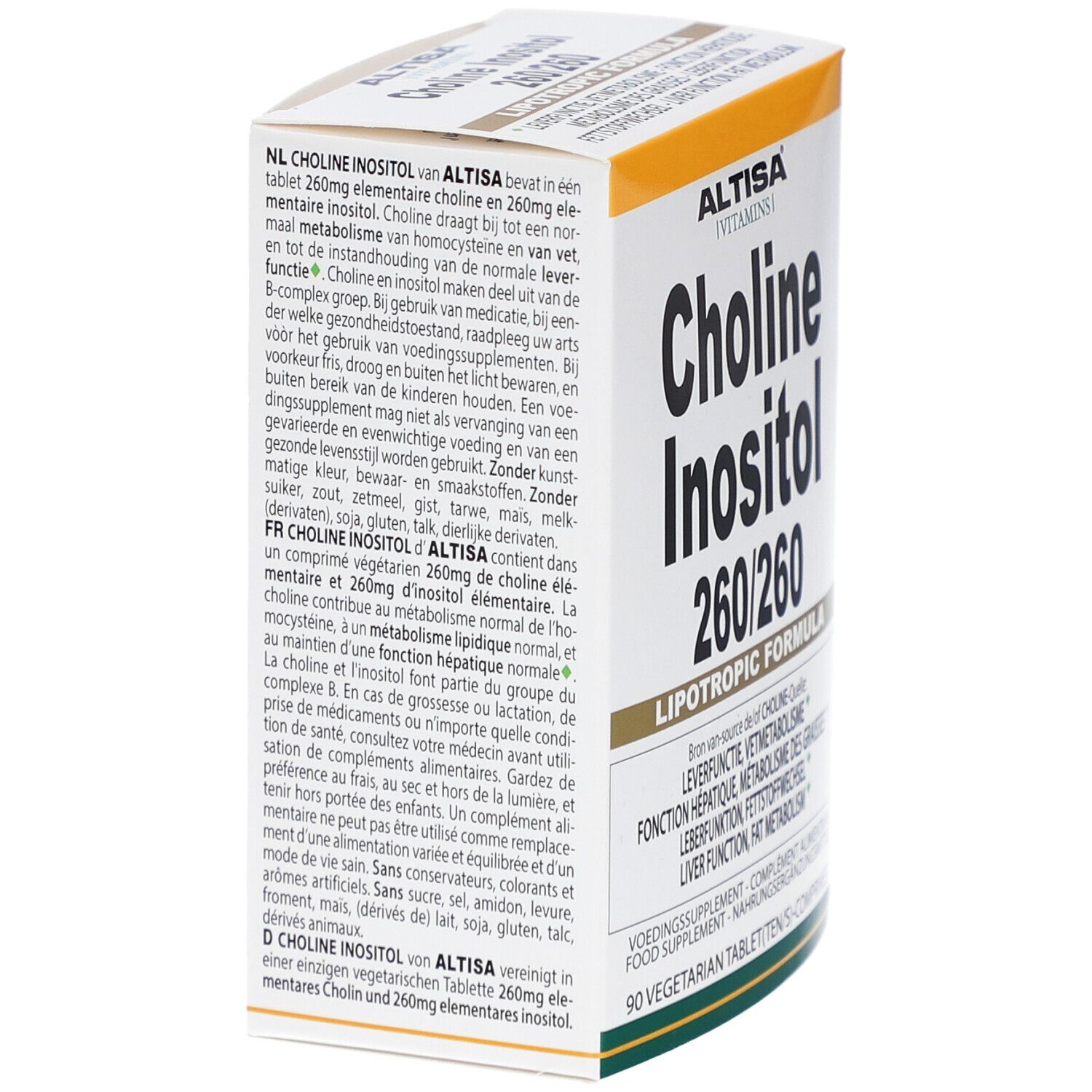 Boîte blanche avec logo ALTISA et inscription Choline Inositol 260/260. Texte en néerlandais et français.