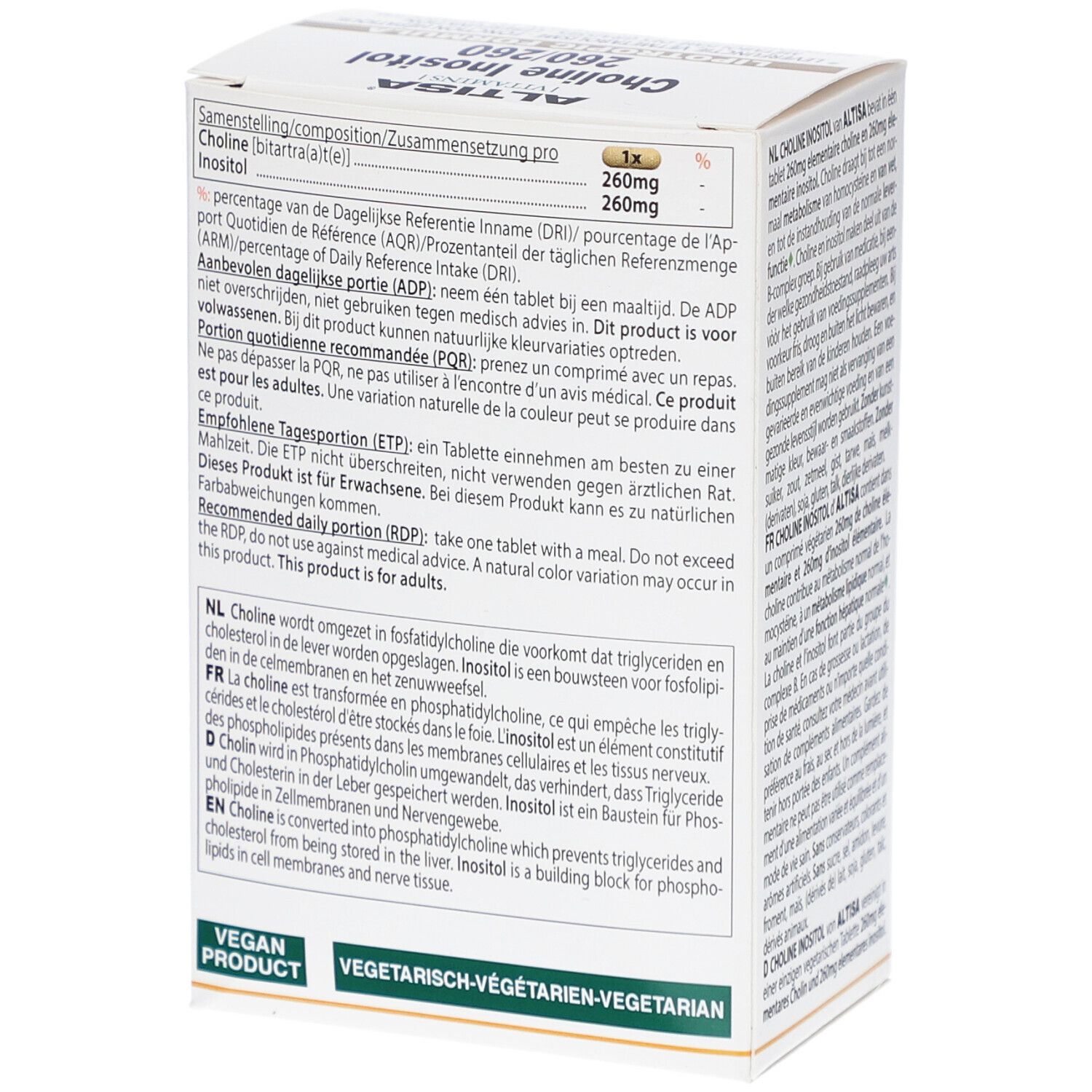 Boîte blanche avec logo ALTISA et inscription Choline Inositol 260/260. Informations sur les ingrédients et le dosage.
