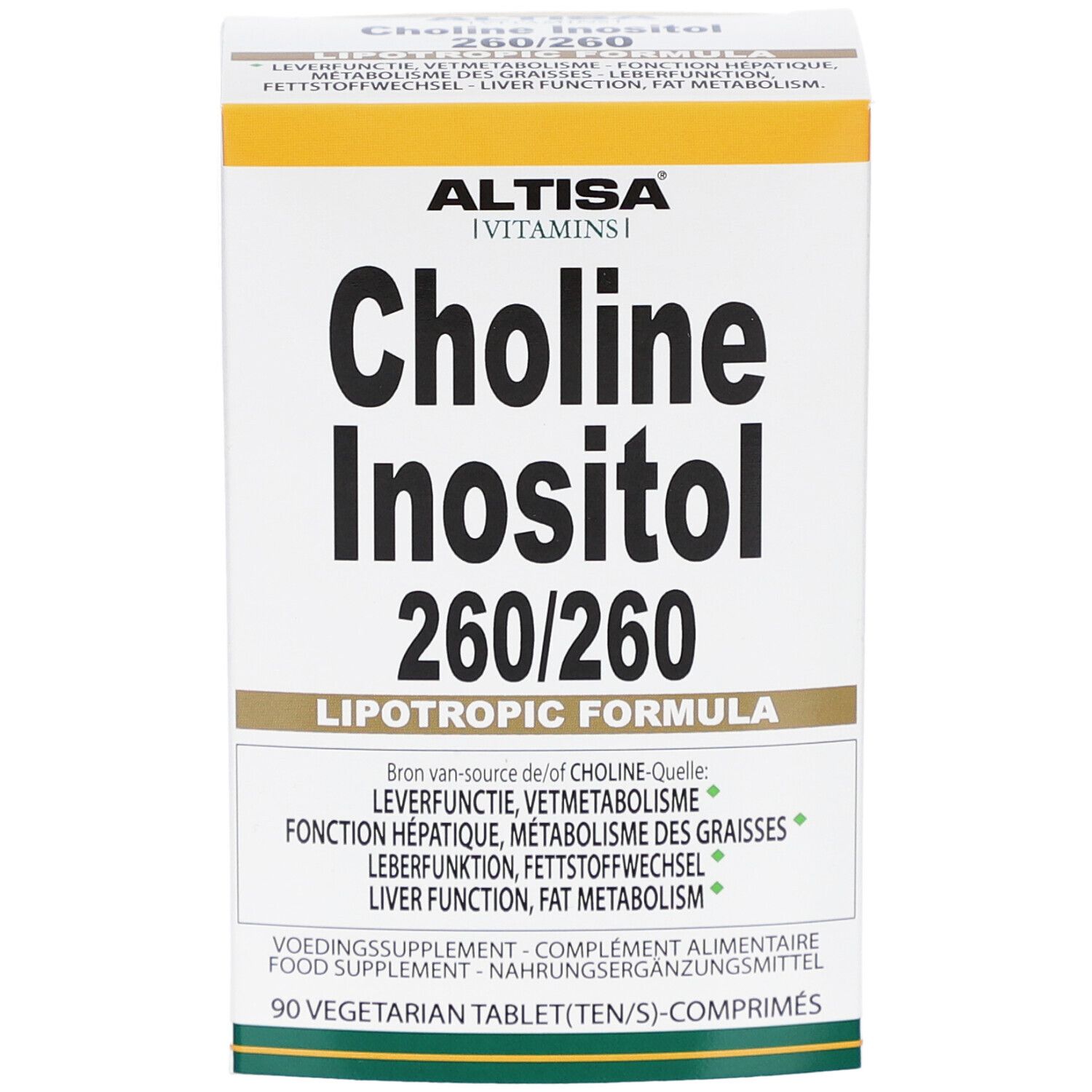 Boîte blanche avec logo ALTISA et inscription Choline Inositol 260/260. Formule lipotrope. 90 comprimés.