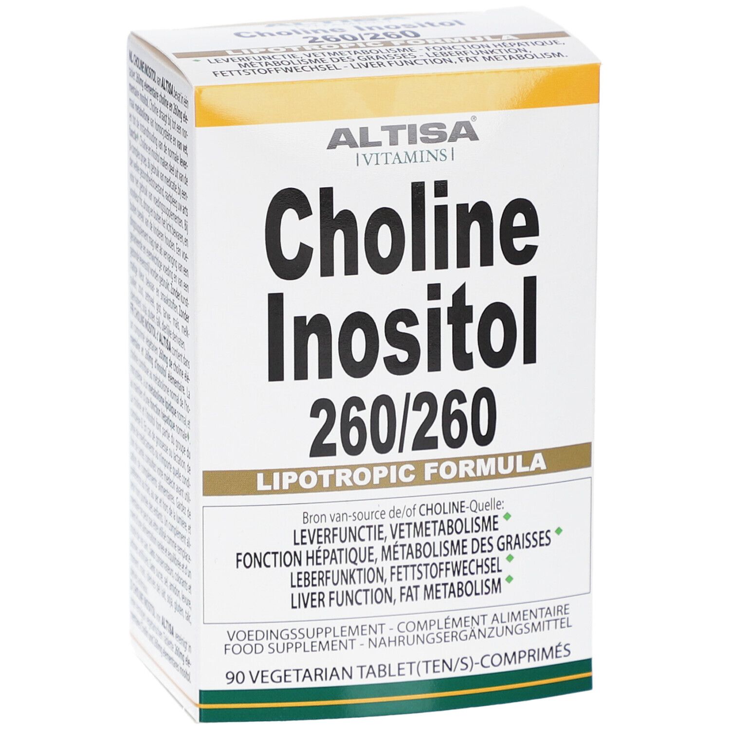 Boîte blanche avec logo ALTISA et inscription Choline Inositol 260/260. Formule lipotrope. 90 comprimés.