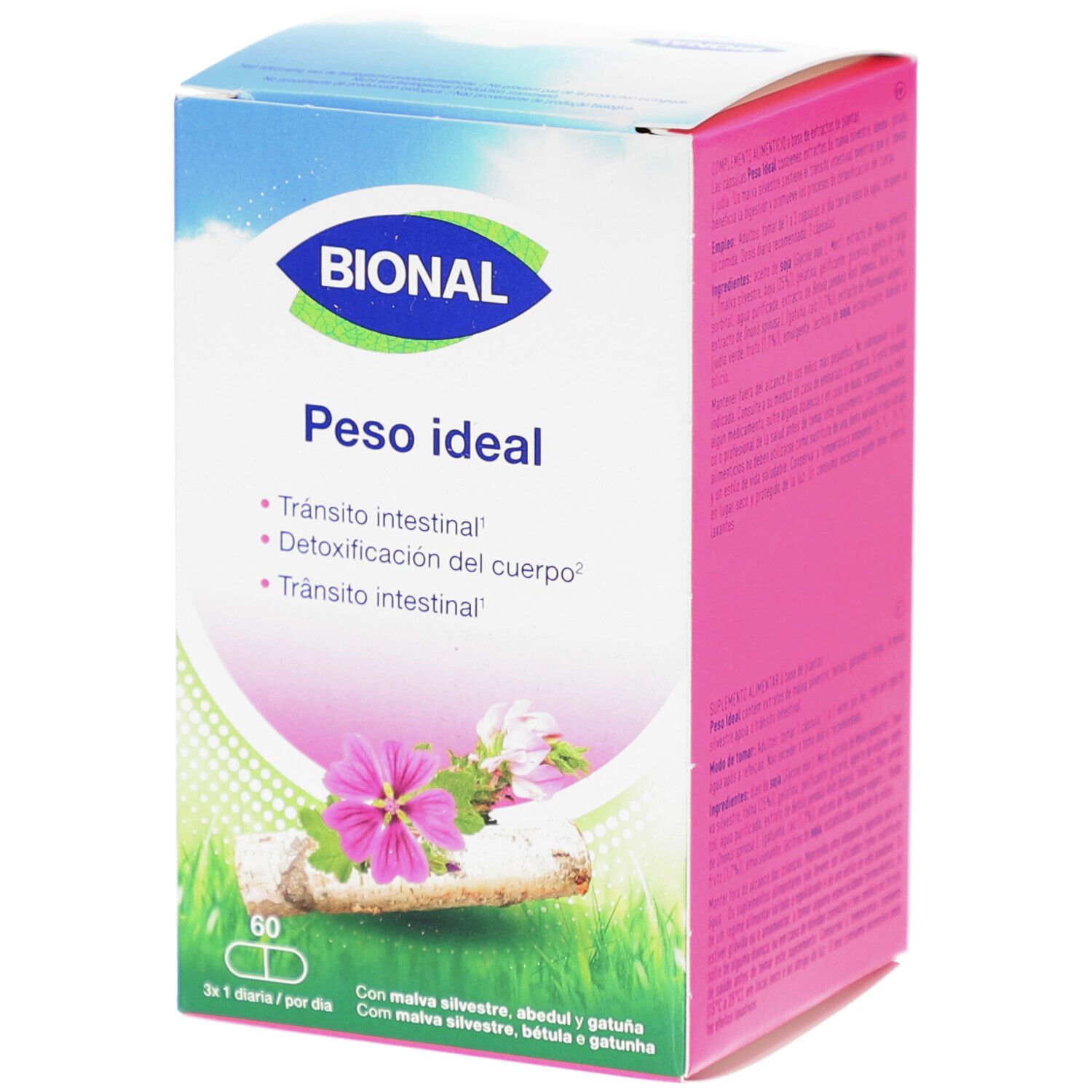 Boîte Bional 'Peso ideal'. Contient 60 gélules. Design floral. Ingrédients visibles.