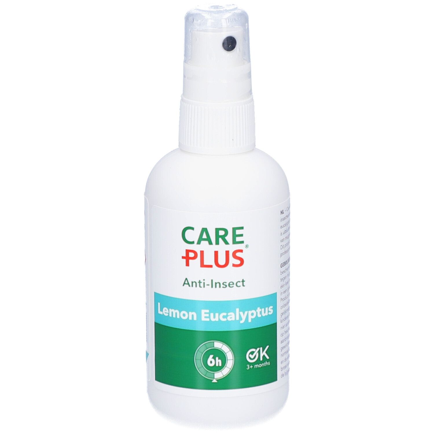 Flacon spray blanc CARE PLUS Anti-Insect. Inscription: Lemon Eucalyptus. Étiquette verte avec 6h et 3+ mois.