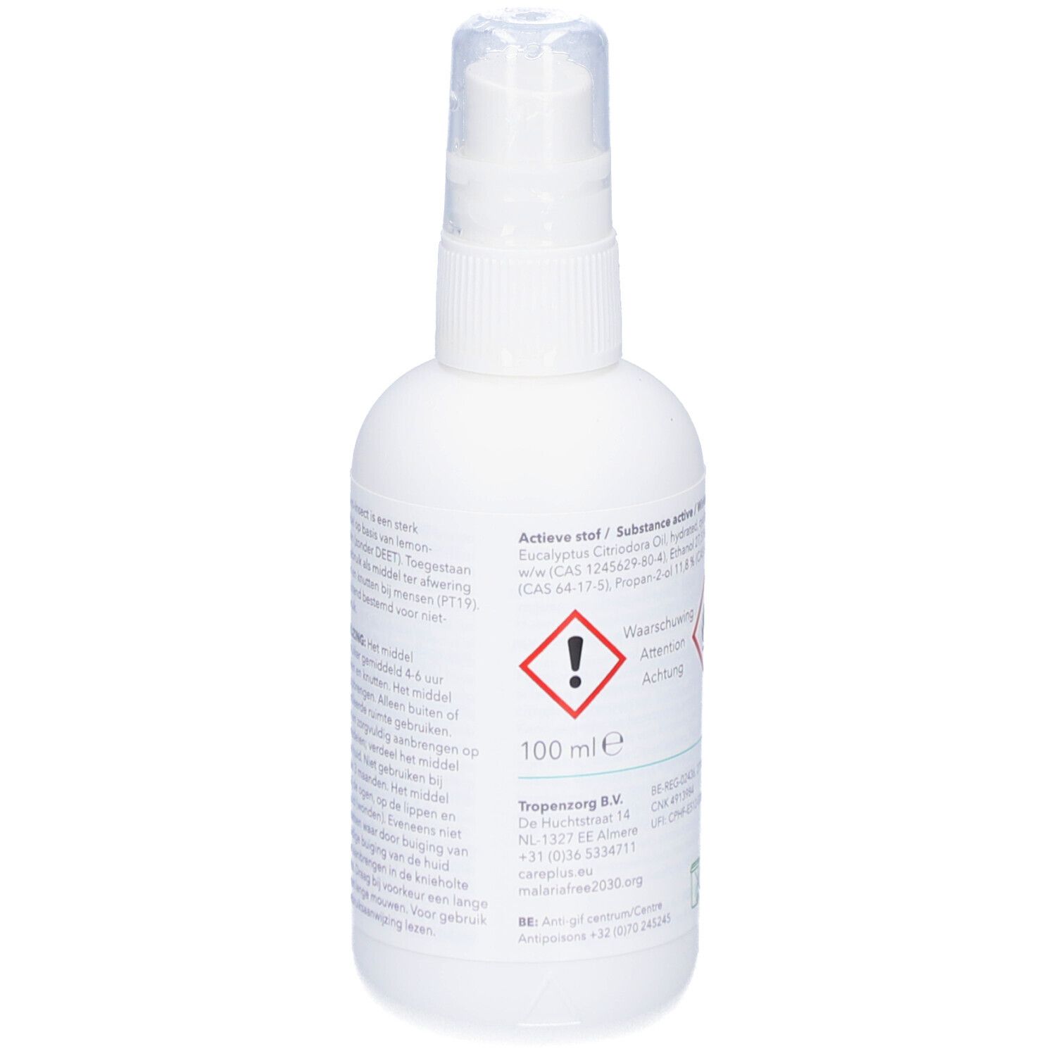 Flacon spray blanc CARE PLUS Anti-Insect. Dos avec avertissements, pictogrammes et indication 100 ml. Contient Lemon Eucalyptus.