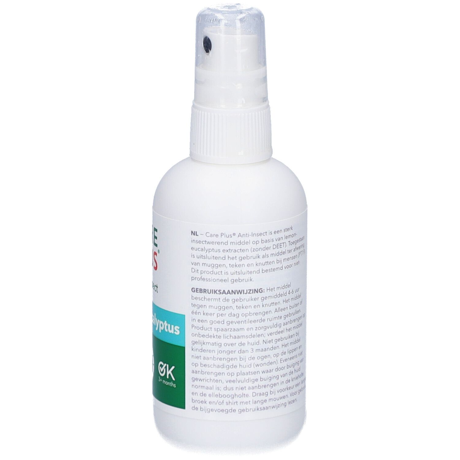 Flacon spray blanc CARE PLUS Anti-Insect. Dos avec texte en néerlandais. Contient Lemon Eucalyptus.