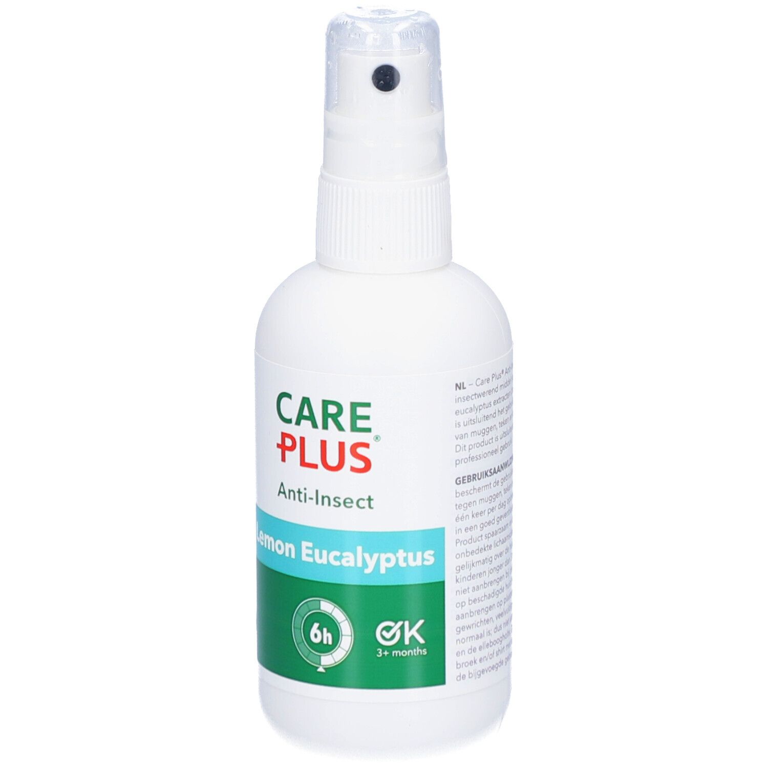 Flacon spray blanc CARE PLUS Anti-Insect. Inscription: Lemon Eucalyptus. Étiquette verte avec 6h et 3+ mois.