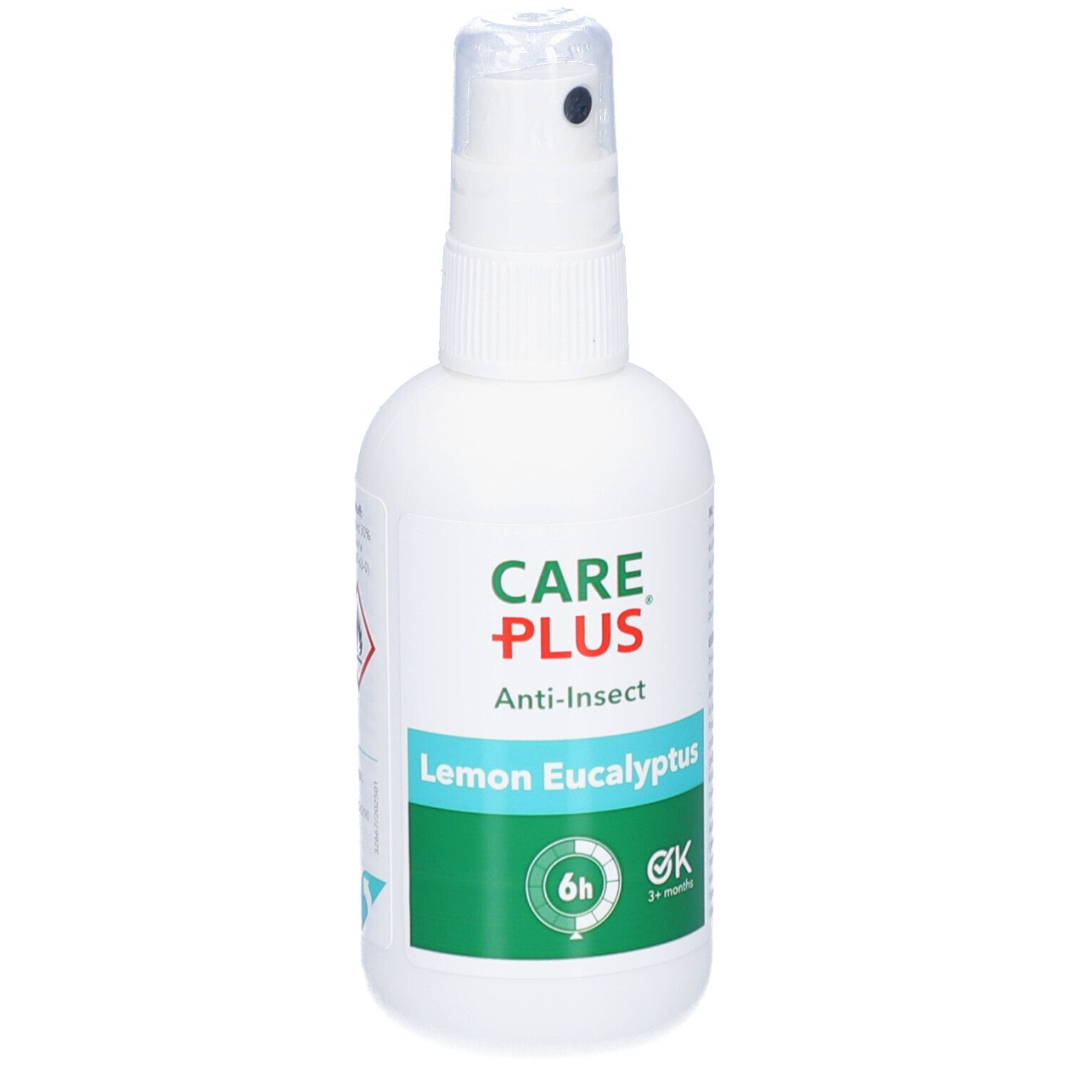 Flacon spray blanc CARE PLUS Anti-Insect. Inscription: Lemon Eucalyptus. Étiquette verte avec 6h et 3+ mois.