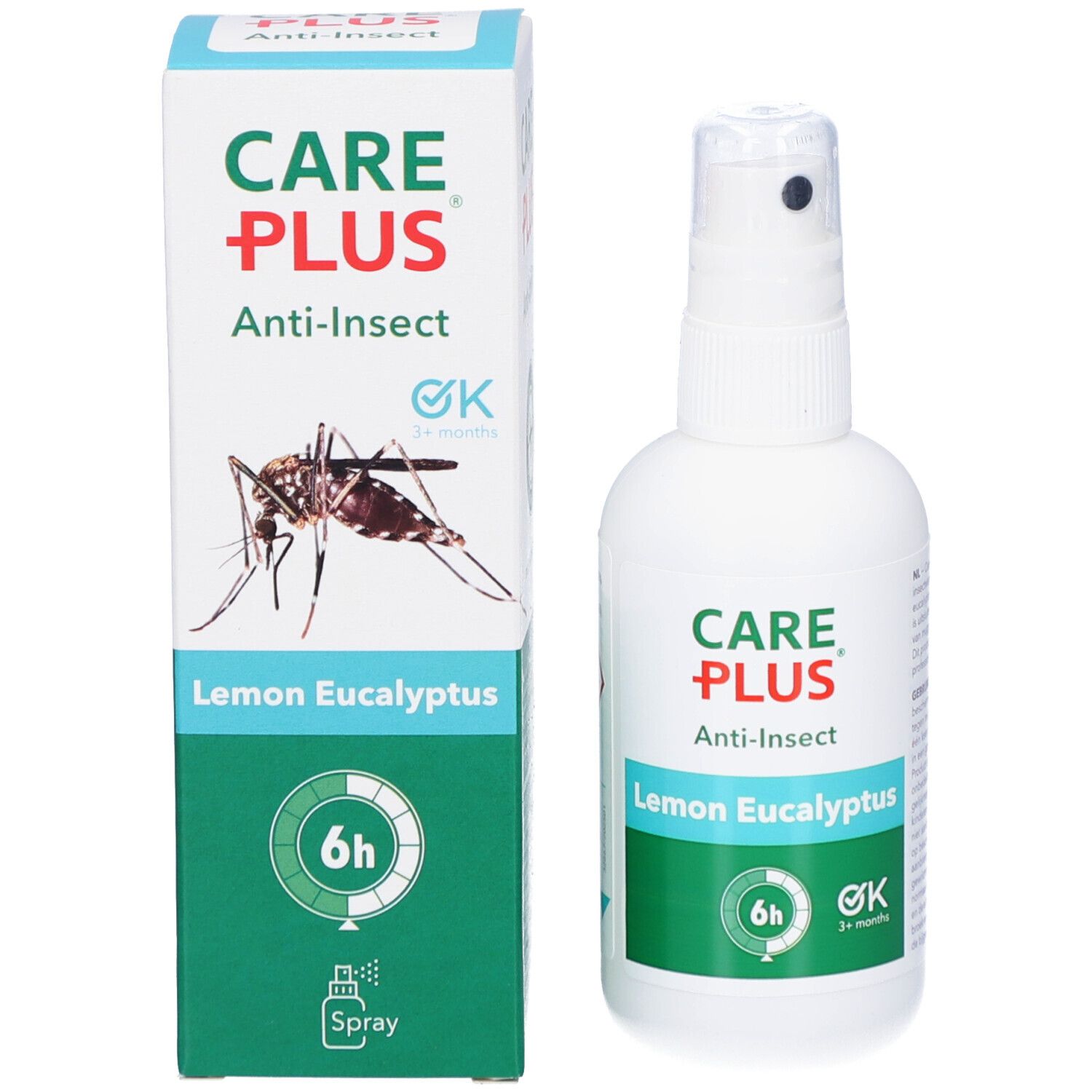 Spray CARE PLUS Anti-Insect et emballage. Inscription: Lemon Eucalyptus. Illustration d'un moustique. Étiquette verte avec 6h et 3+ mois.