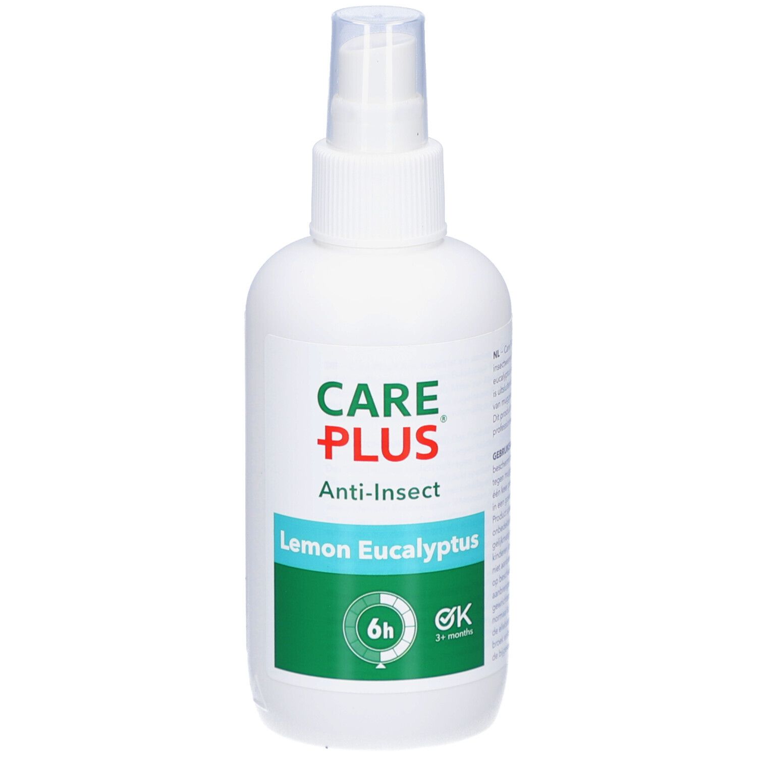 Flacon spray blanc CARE PLUS Anti-Insect Lemon Eucalyptus. Étiquettes vertes et blanches. Protection 6h, 3+ mois.