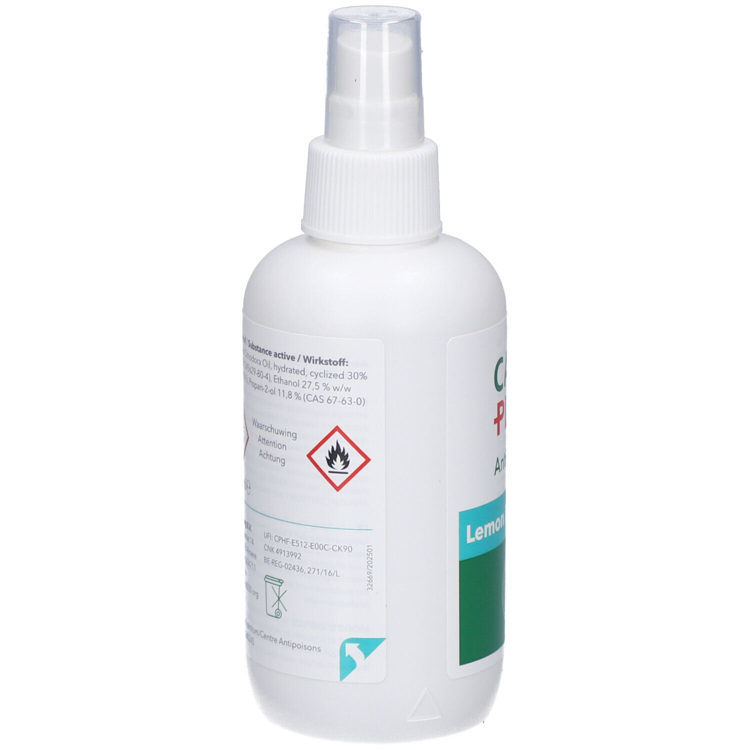 Dos du flacon spray blanc. CARE PLUS Anti-Insect. Étiquette avec ingrédients, avertissements et symboles de danger.
