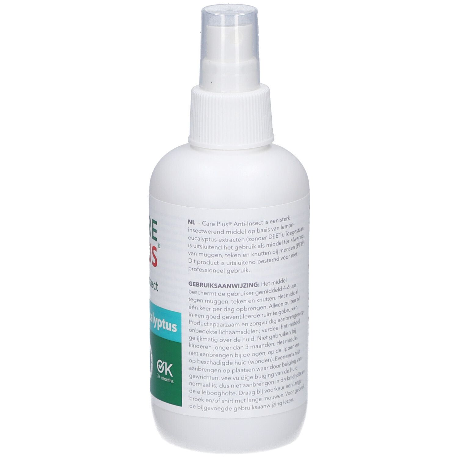 Dos du flacon spray blanc. CARE PLUS Anti-Insect. Étiquette avec mode d'emploi en néerlandais.
