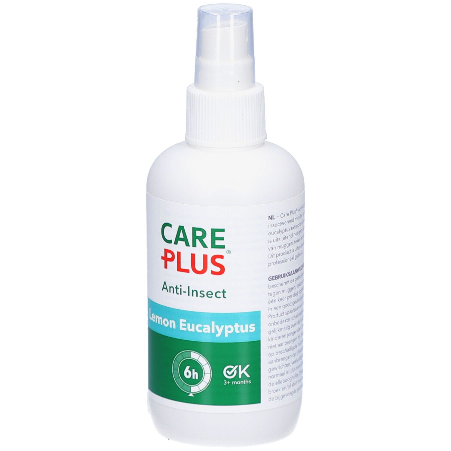 Flacon spray blanc CARE PLUS Anti-Insect Lemon Eucalyptus. Étiquettes vertes et blanches. Protection 6h, 3+ mois.