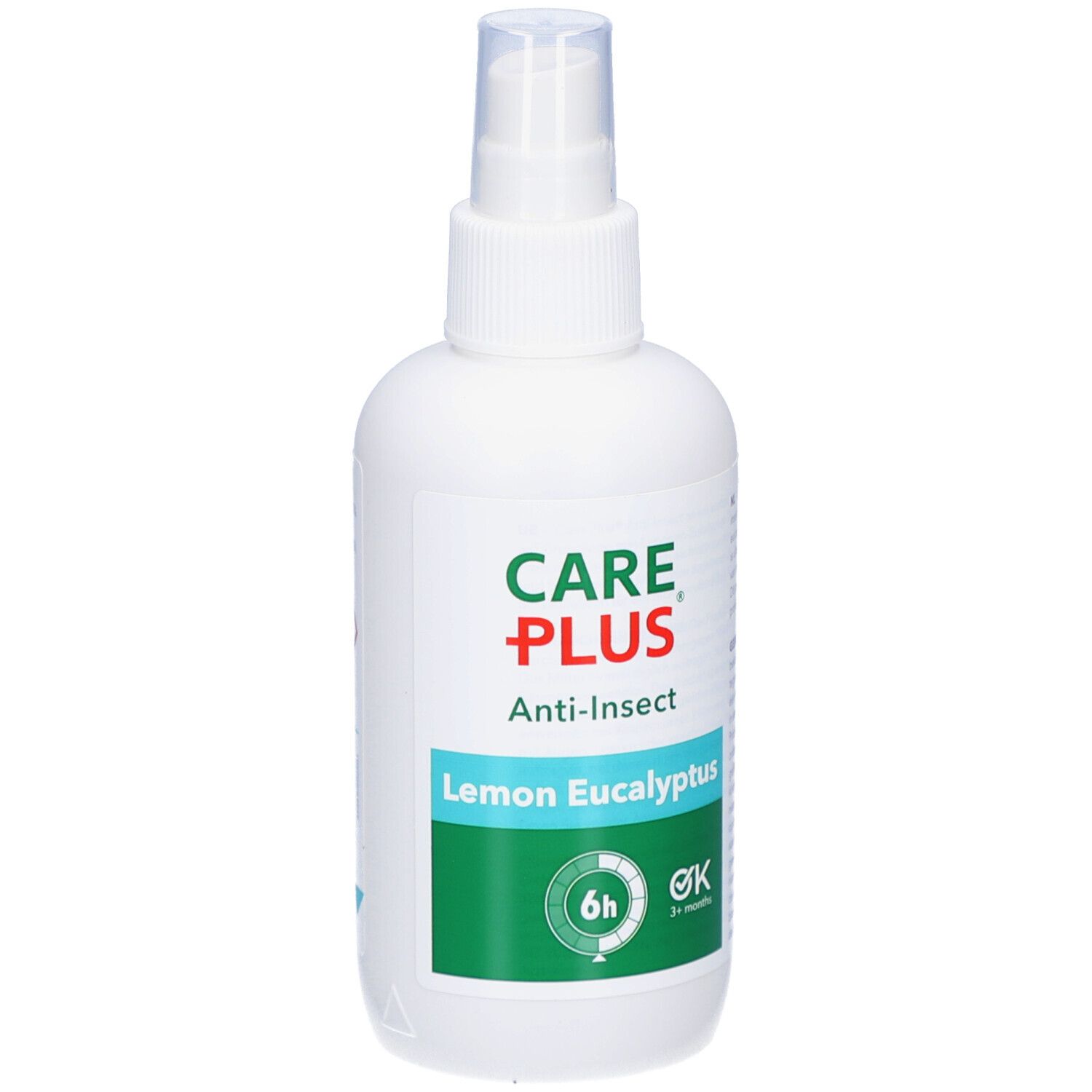 Flacon spray blanc CARE PLUS Anti-Insect Lemon Eucalyptus. Étiquettes vertes et blanches. Protection 6h, 3+ mois.