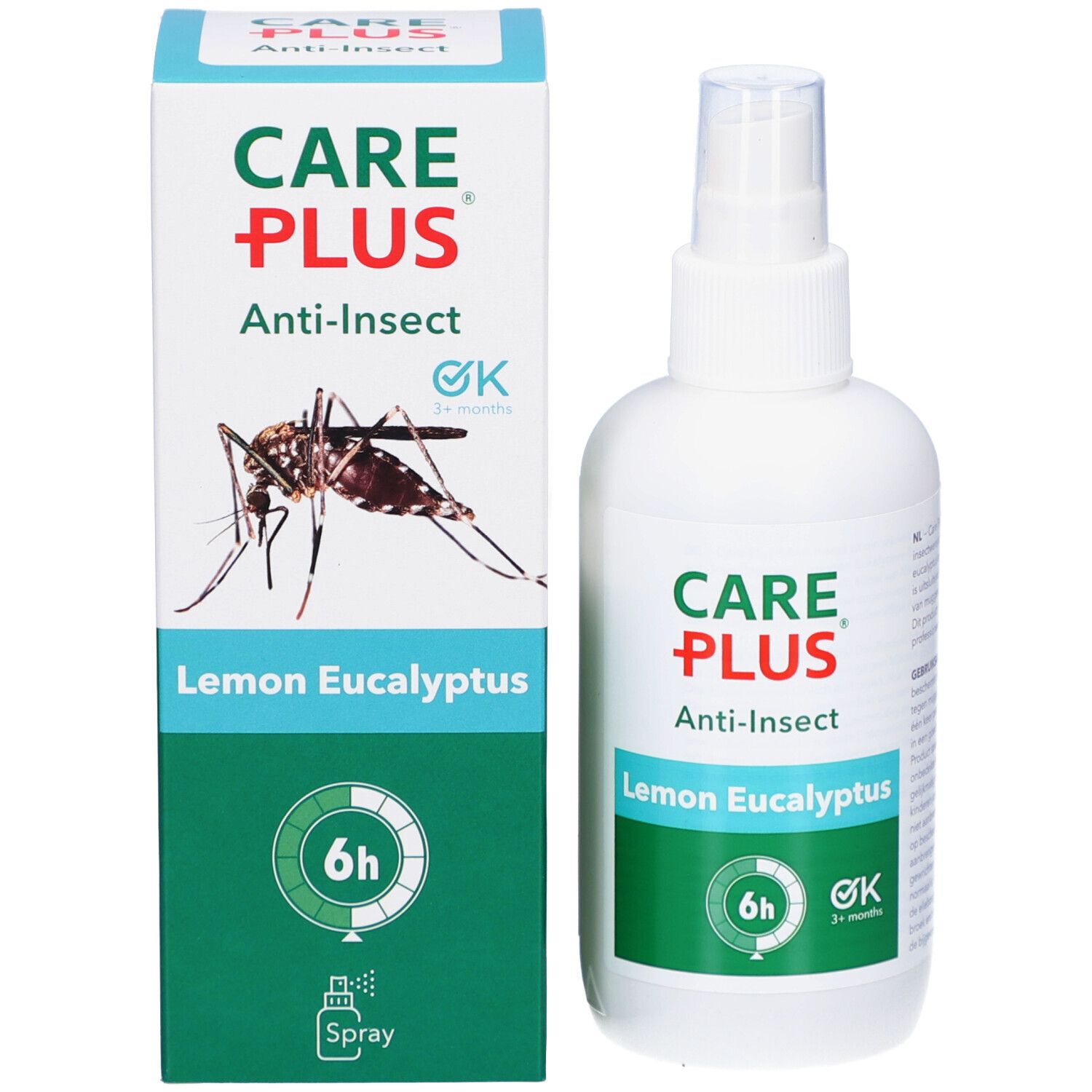 Spray CARE PLUS Anti-Insect Lemon Eucalyptus et emballage. Emballage avec graphique d'insecte, protection 6h, 3+ mois.