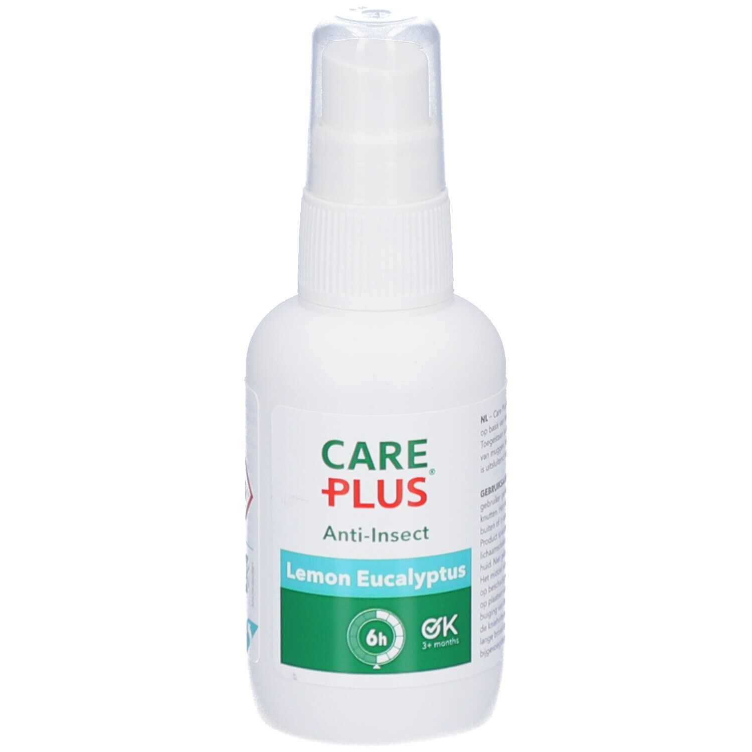 Flacon spray blanc avec logo CARE PLUS, Anti-Insect, Lemon Eucalyptus. Protection 6h. Marque OK.