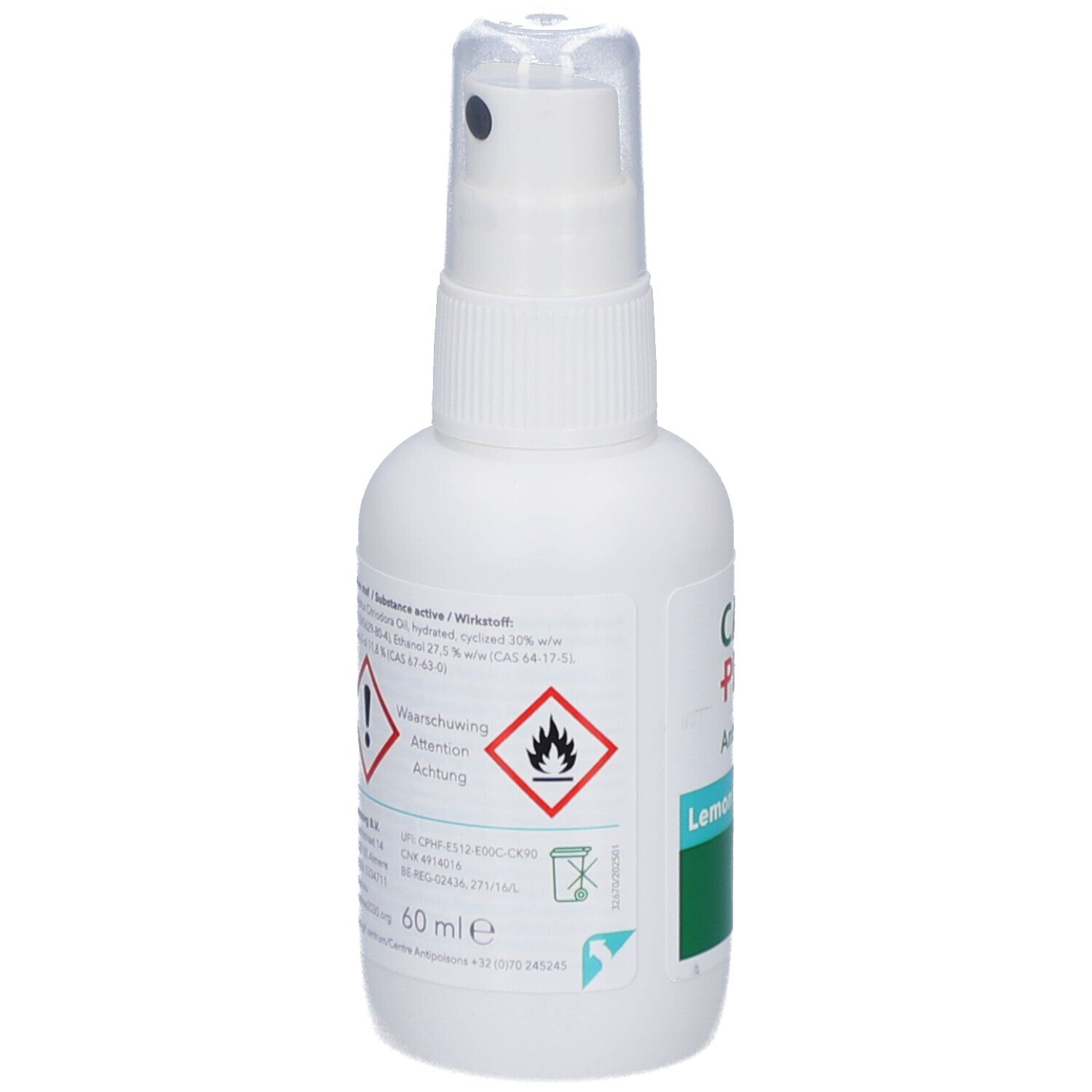 Flacon spray blanc avec logo CARE PLUS, Anti-Insect, Lemon Eucalyptus. Protection 6h. Marque OK.