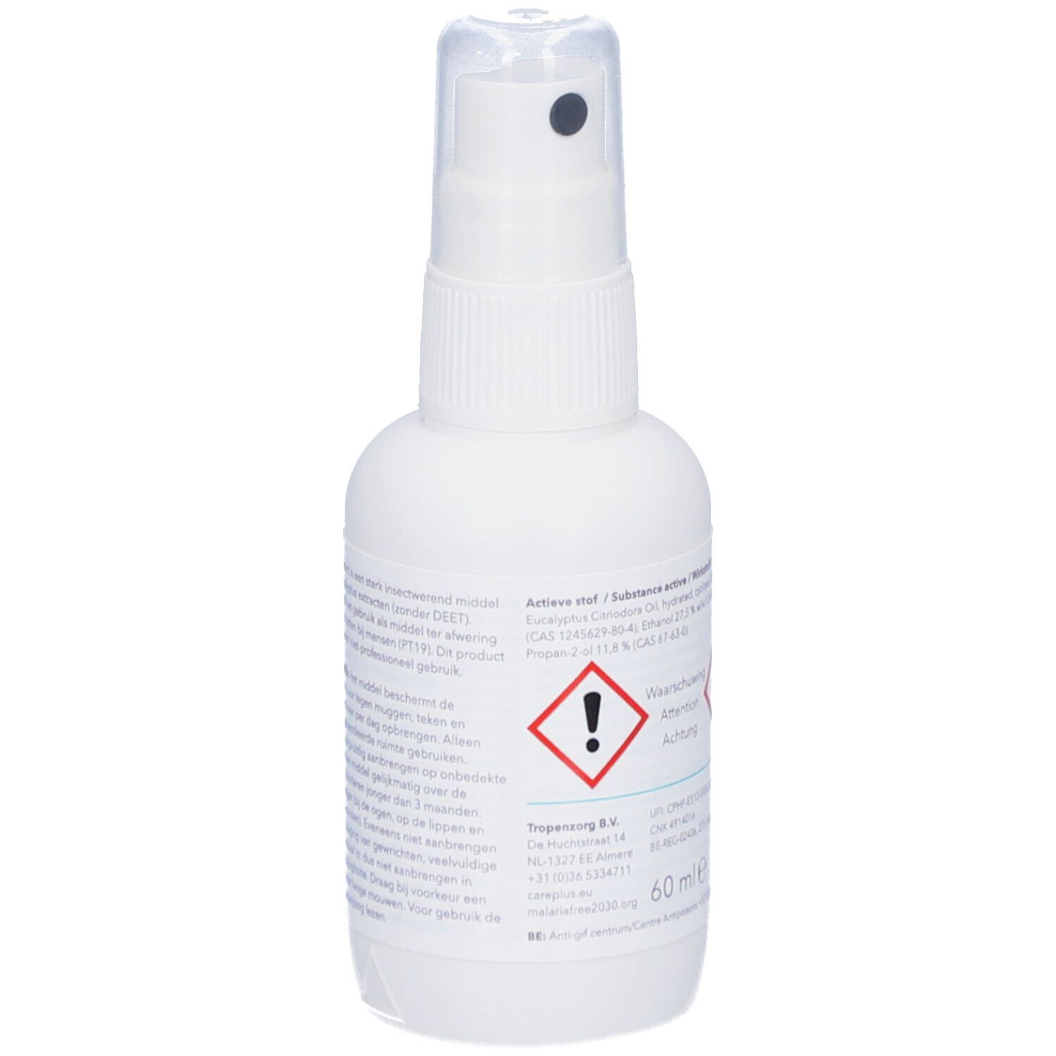 Flacon spray blanc avec logo CARE PLUS, Anti-Insect, Lemon Eucalyptus. Protection 6h. Marque OK.