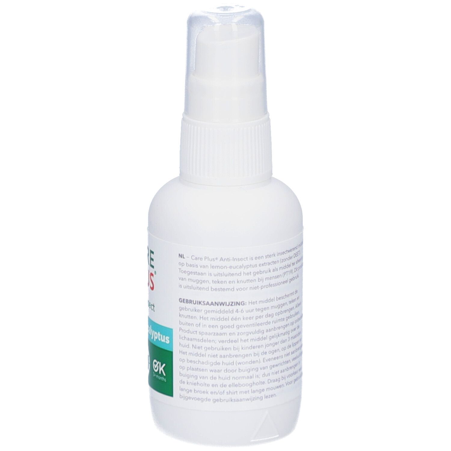 Flacon spray blanc avec logo CARE PLUS, Anti-Insect, Lemon Eucalyptus. Protection 6h. Marque OK.