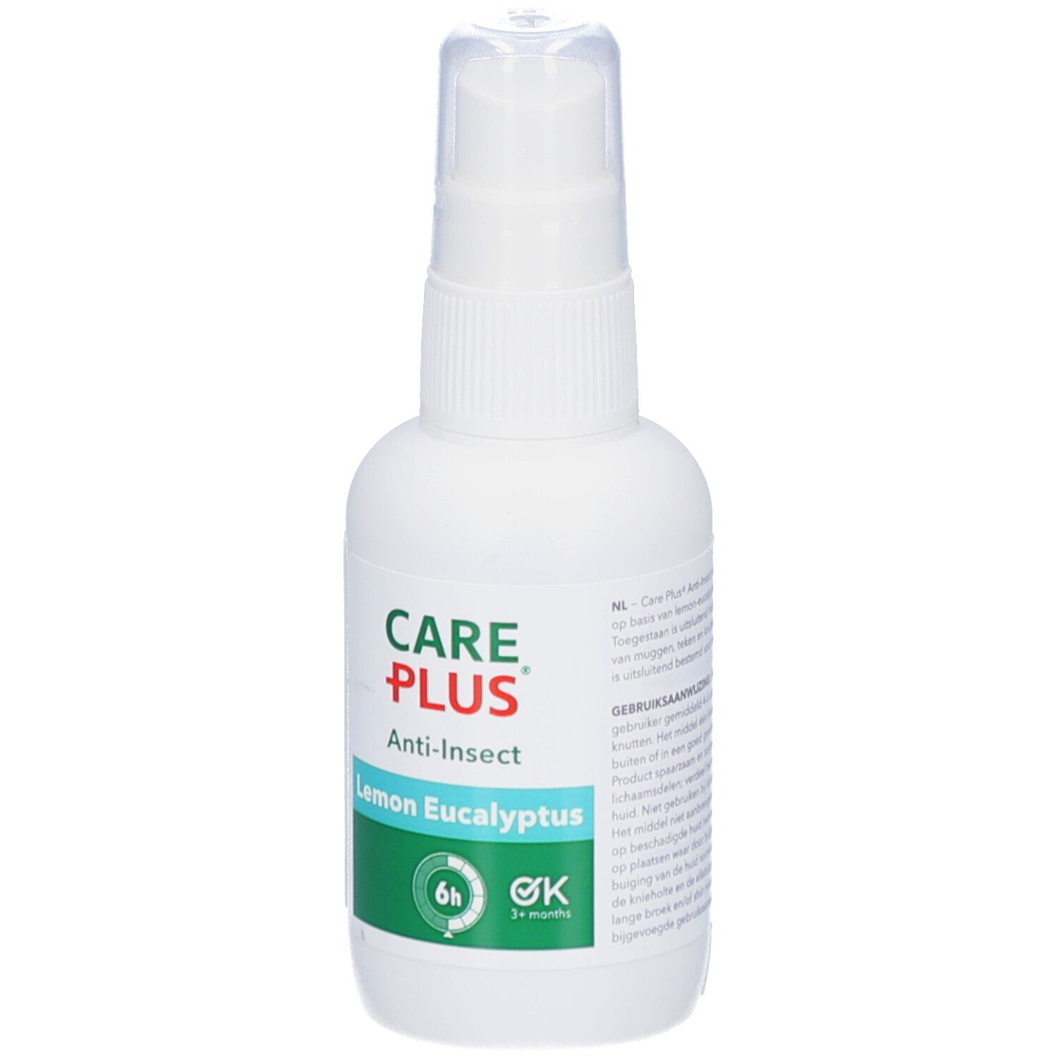 Flacon spray blanc avec logo CARE PLUS, Anti-Insect, Lemon Eucalyptus. Protection 6h. Marque OK.