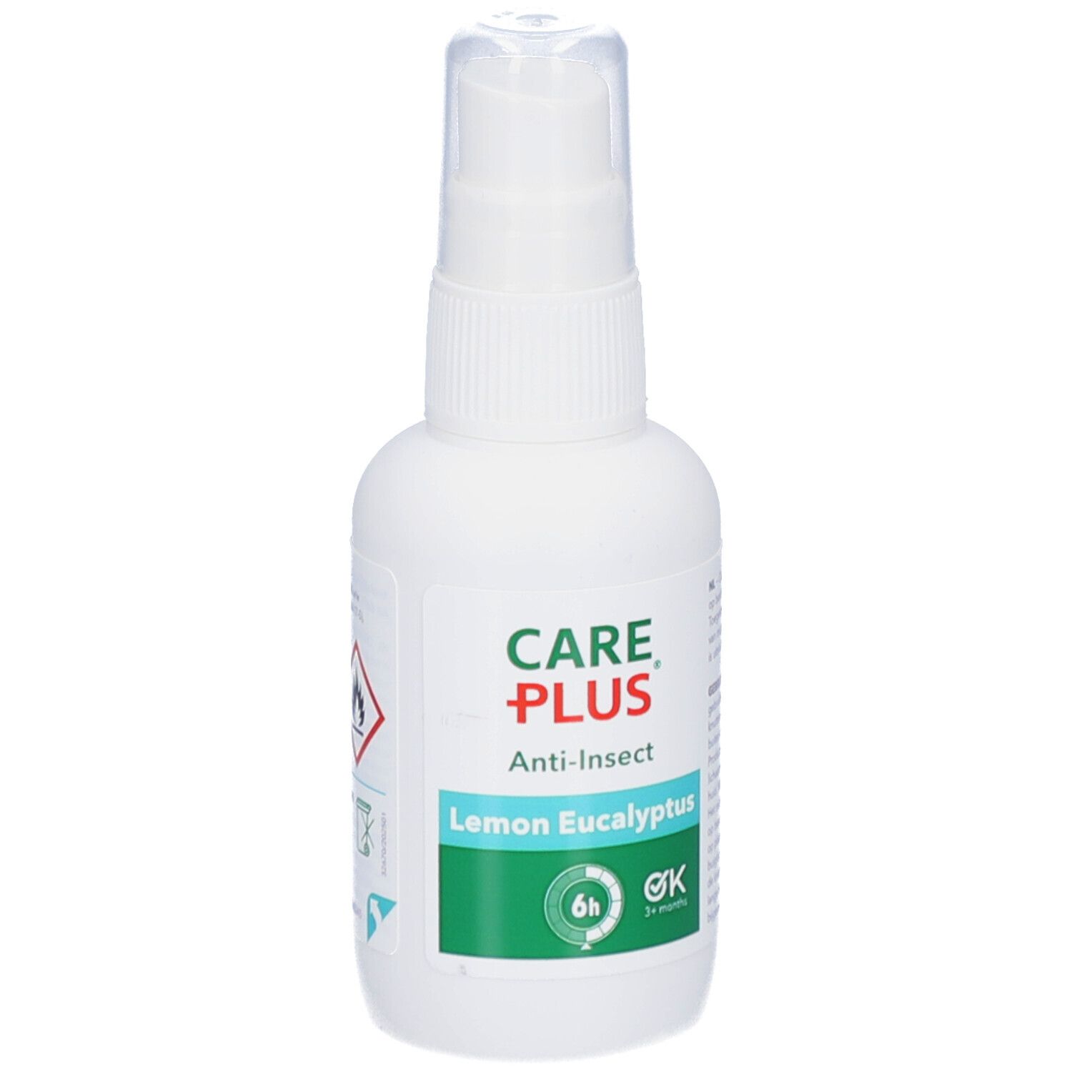 Flacon spray blanc avec logo CARE PLUS, Anti-Insect, Lemon Eucalyptus. Protection 6h. Marque OK.