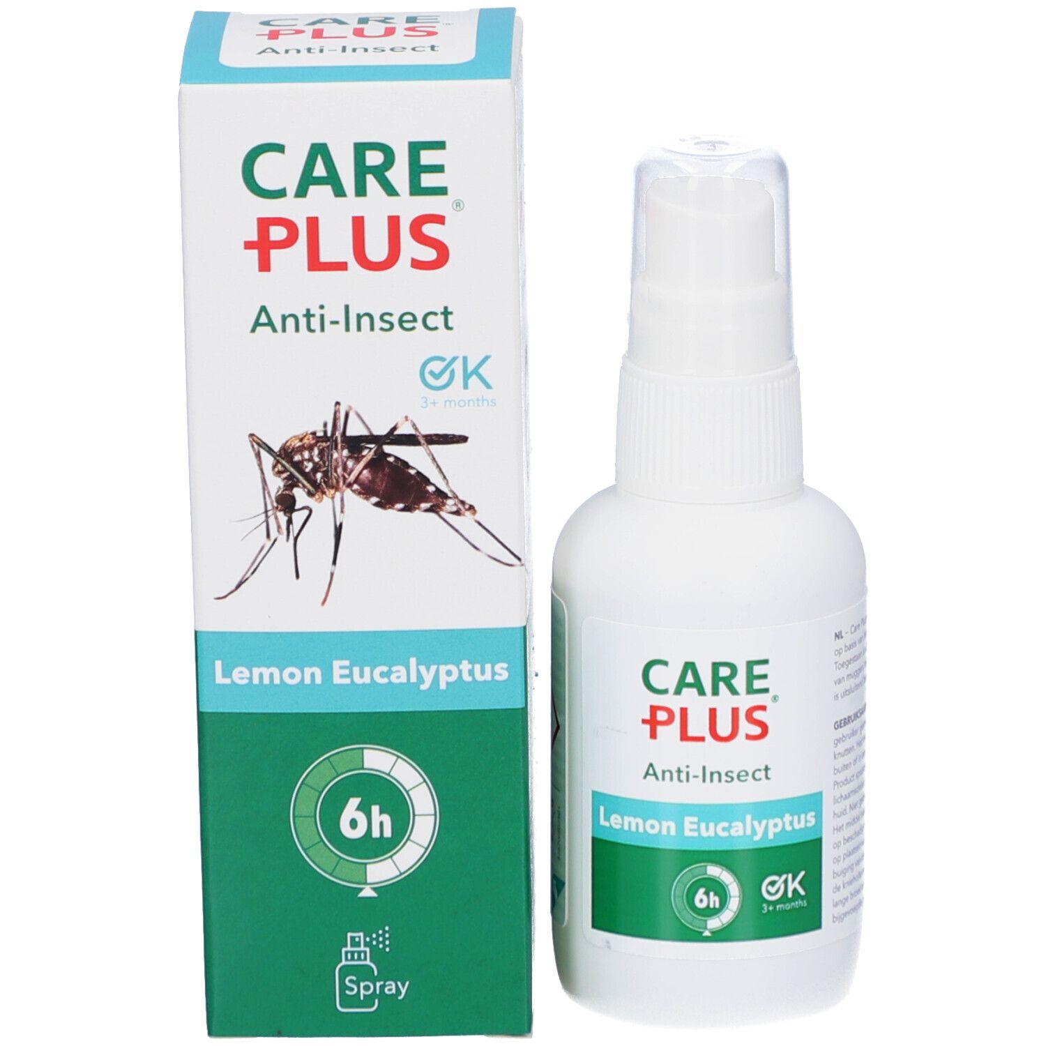 CARE PLUS spray anti-insectes et emballage. Logo, Lemon Eucalyptus, protection 6h, marque OK. Illustration d'un moustique.