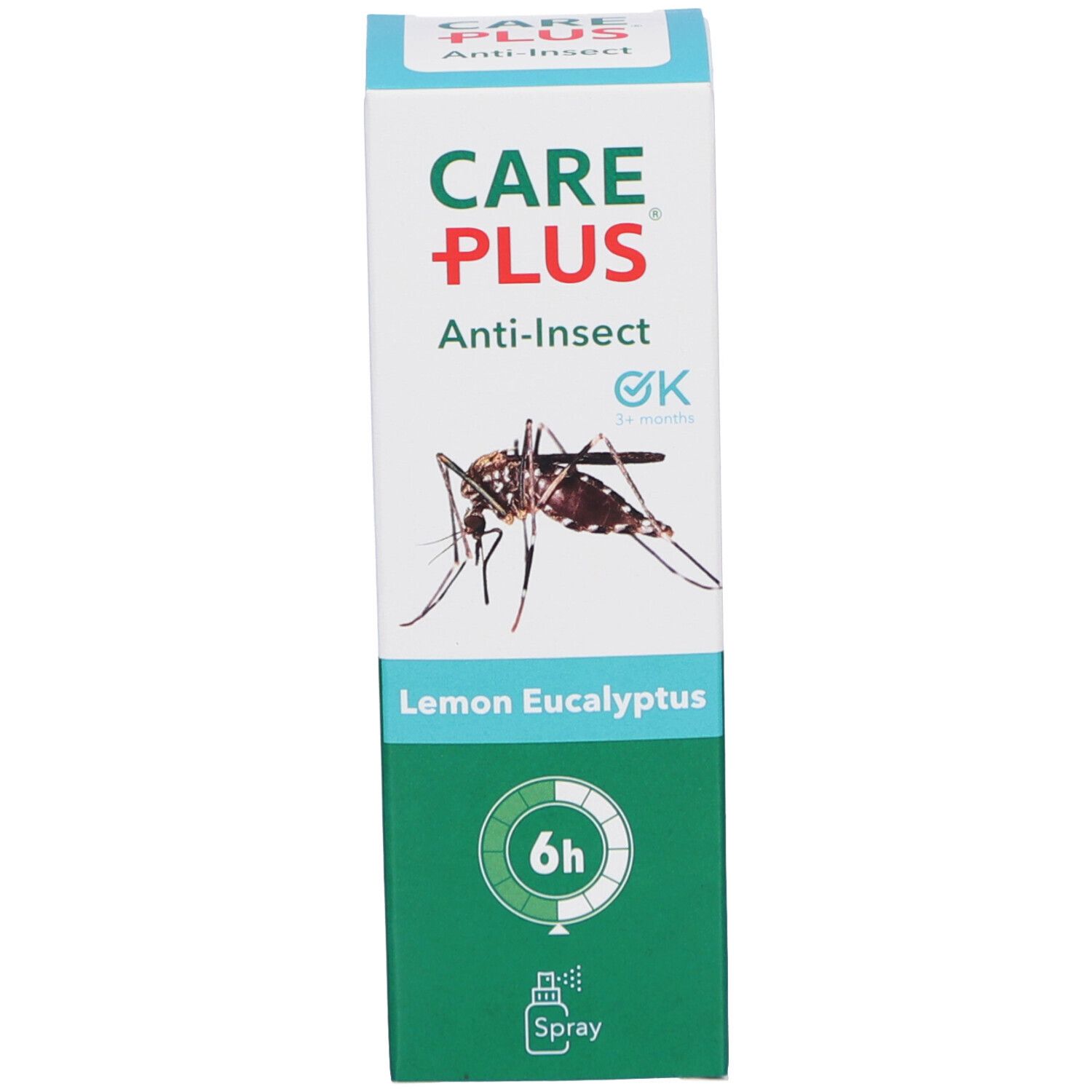 Emballage CARE PLUS Anti-Insect. Logo, Lemon Eucalyptus, protection 6h, marque OK. Illustration d'un moustique.
