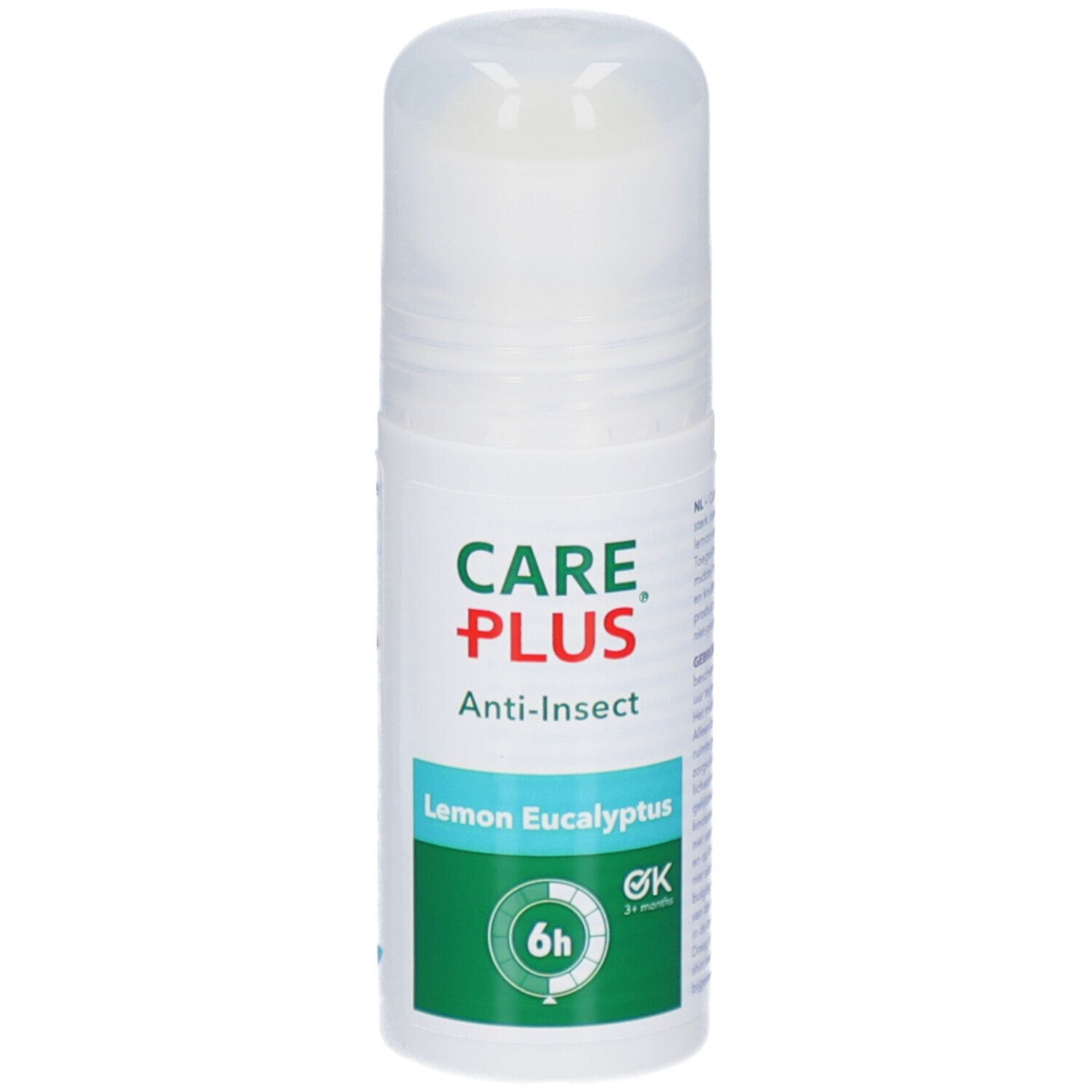 Roll-on blanc avec accents verts et rouges. Inscription : CARE PLUS Anti-Insect Lemon Eucalyptus. Symbole 6h.