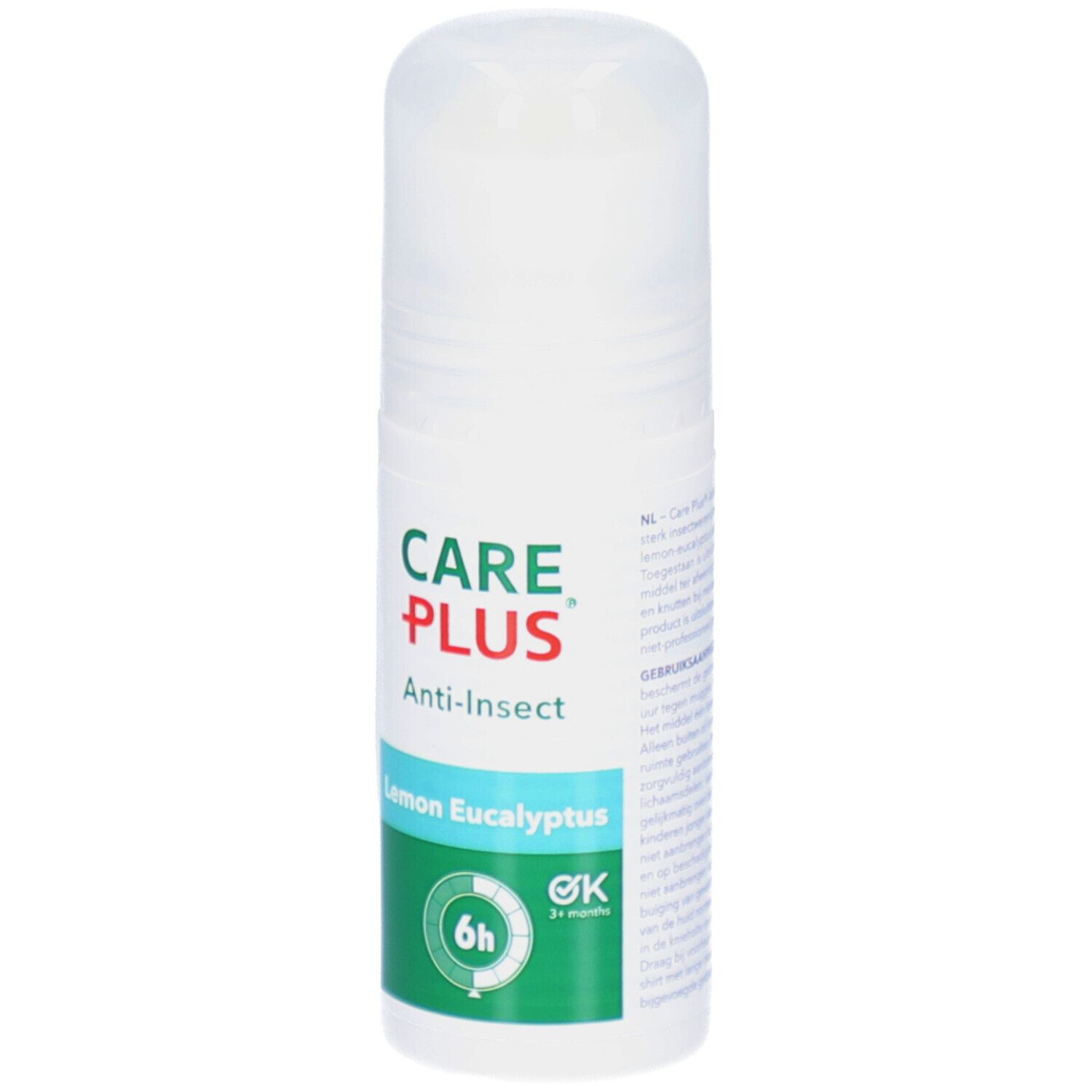 Roll-on blanc avec accents verts et rouges. Inscription : CARE PLUS Anti-Insect Lemon Eucalyptus. Symbole 6h.
