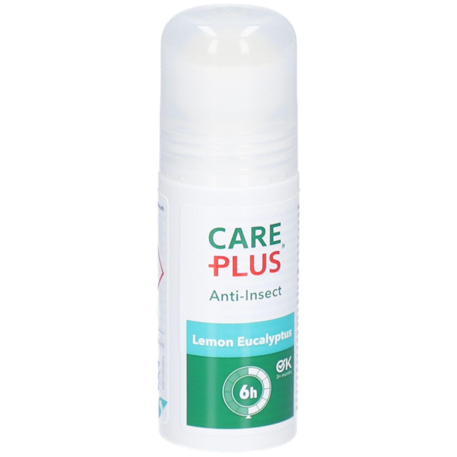 Roll-on blanc avec accents verts et rouges. Inscription : CARE PLUS Anti-Insect Lemon Eucalyptus. Symbole 6h.