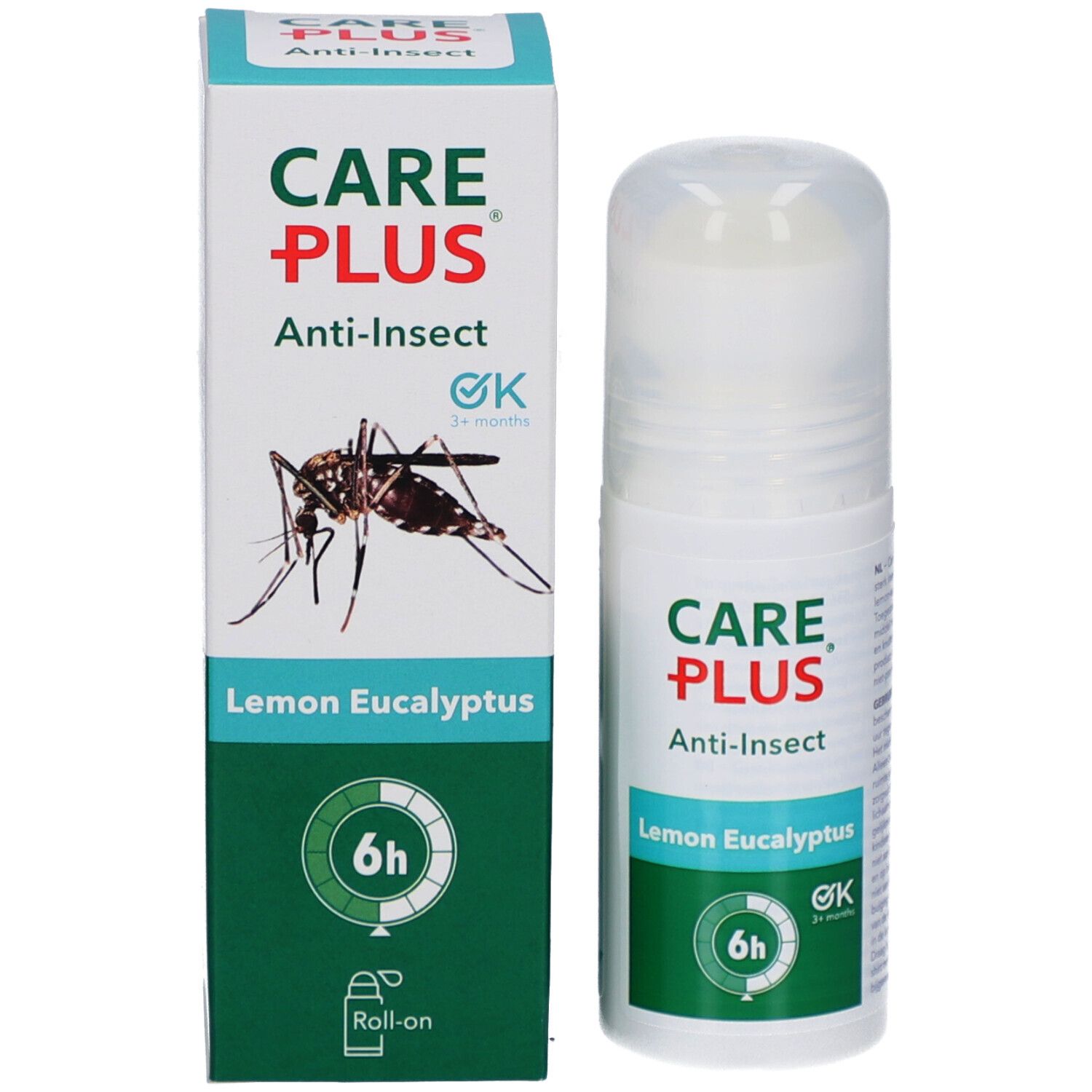 Emballage du produit et roll-on. Emballage : CARE PLUS Anti-Insect, illustration d'un moustique, Lemon Eucalyptus, symbole 6h.