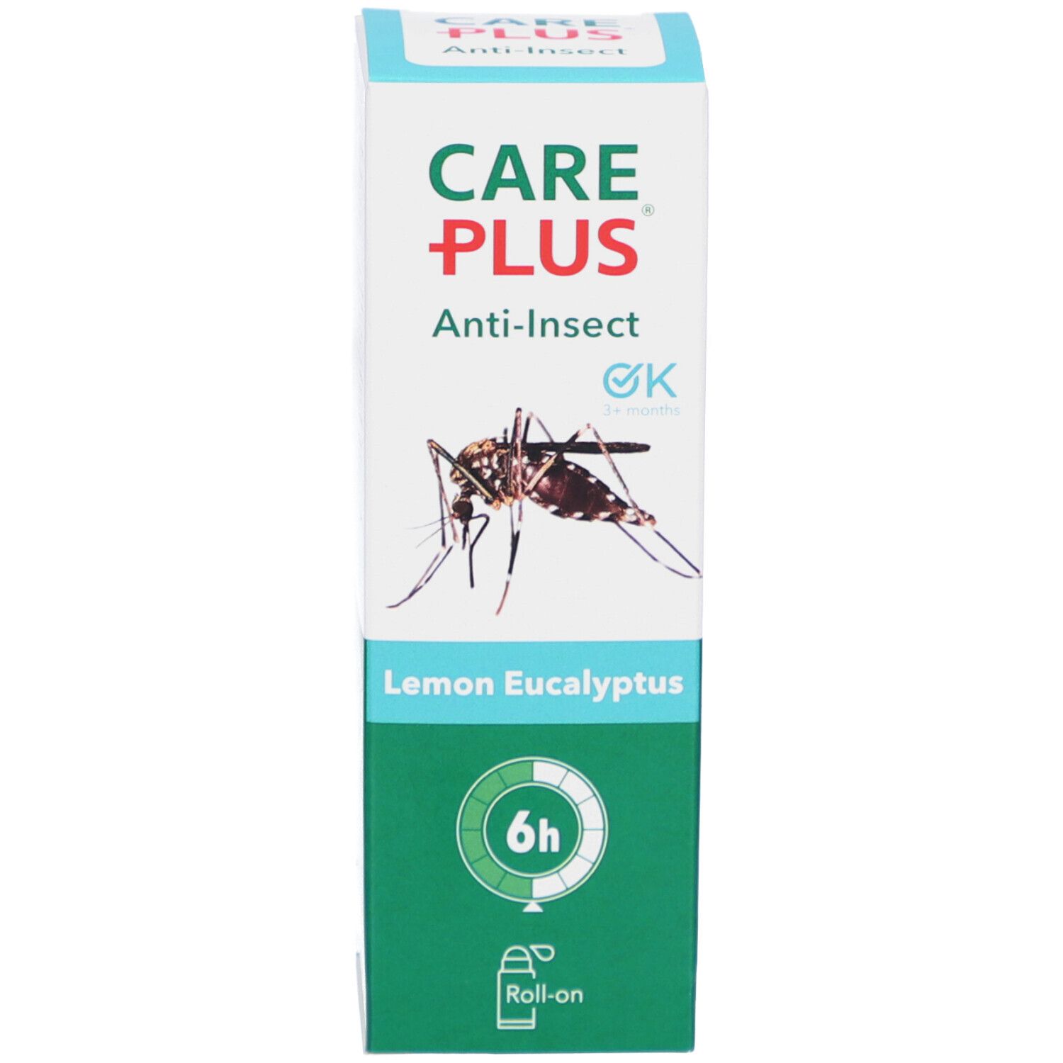 Emballage du produit. CARE PLUS Anti-Insect, illustration d'un moustique, Lemon Eucalyptus, symbole 6h. Symbole roll-on.
