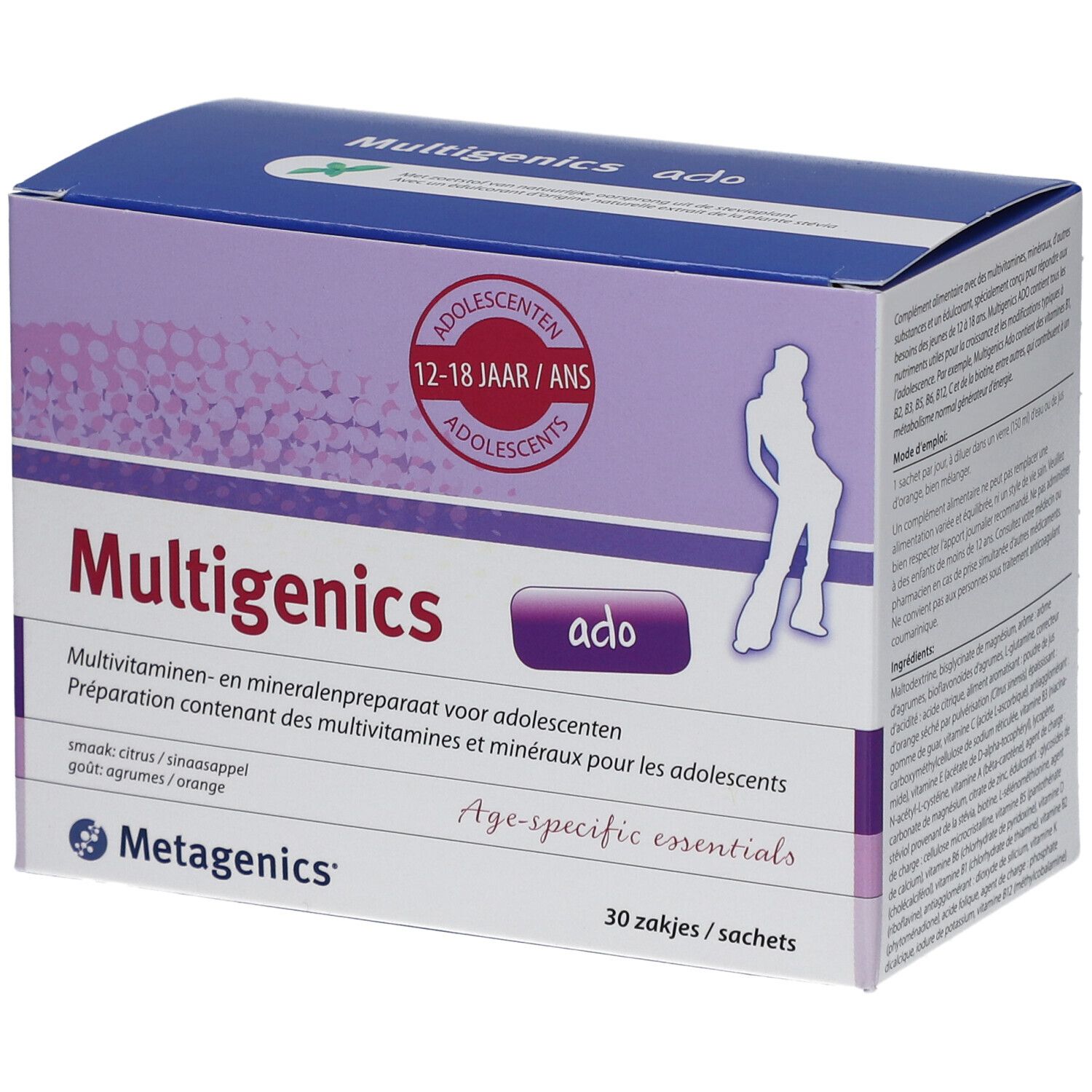 Boîte de Multigenics Ado. Contient des multivitamines et minéraux pour adolescents. Design violet et blanc avec texte et logo.