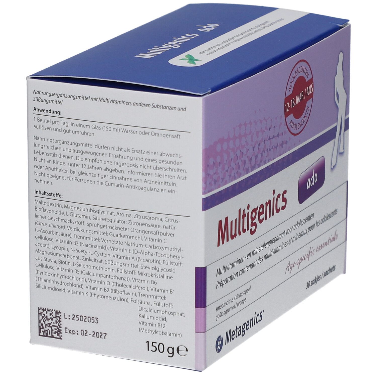 Boîte de Multigenics Ado. Contient des informations sur les ingrédients et l'utilisation. Fond blanc avec texte et logo.