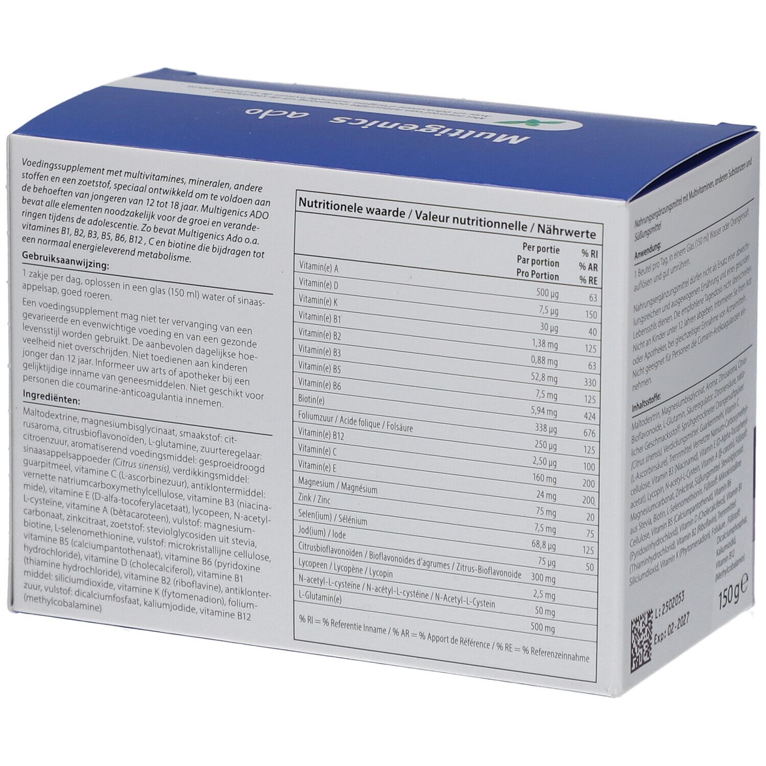 Boîte de Multigenics Ado. Contient des informations nutritionnelles. Fond blanc avec texte et logo.