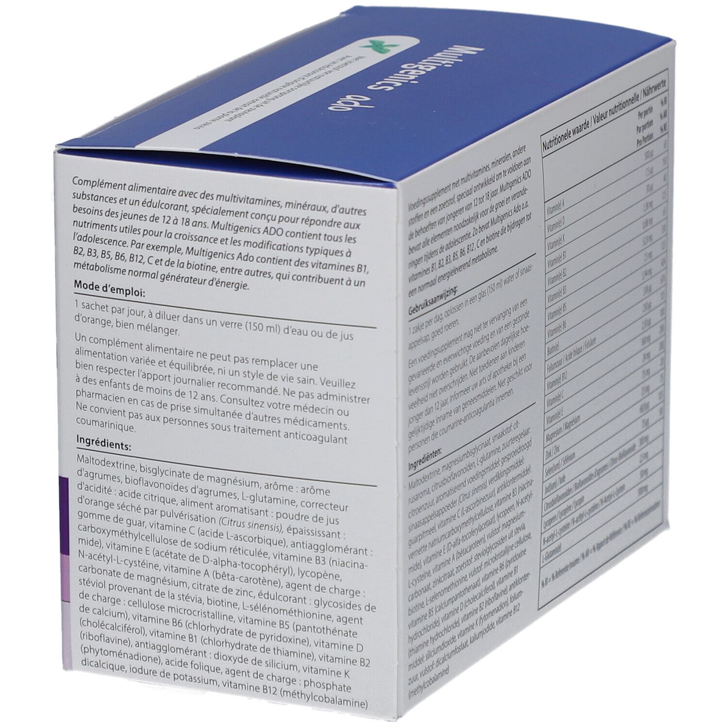 Boîte de Multigenics Ado. Contient des informations sur les ingrédients et l'utilisation. Fond blanc avec texte et logo.
