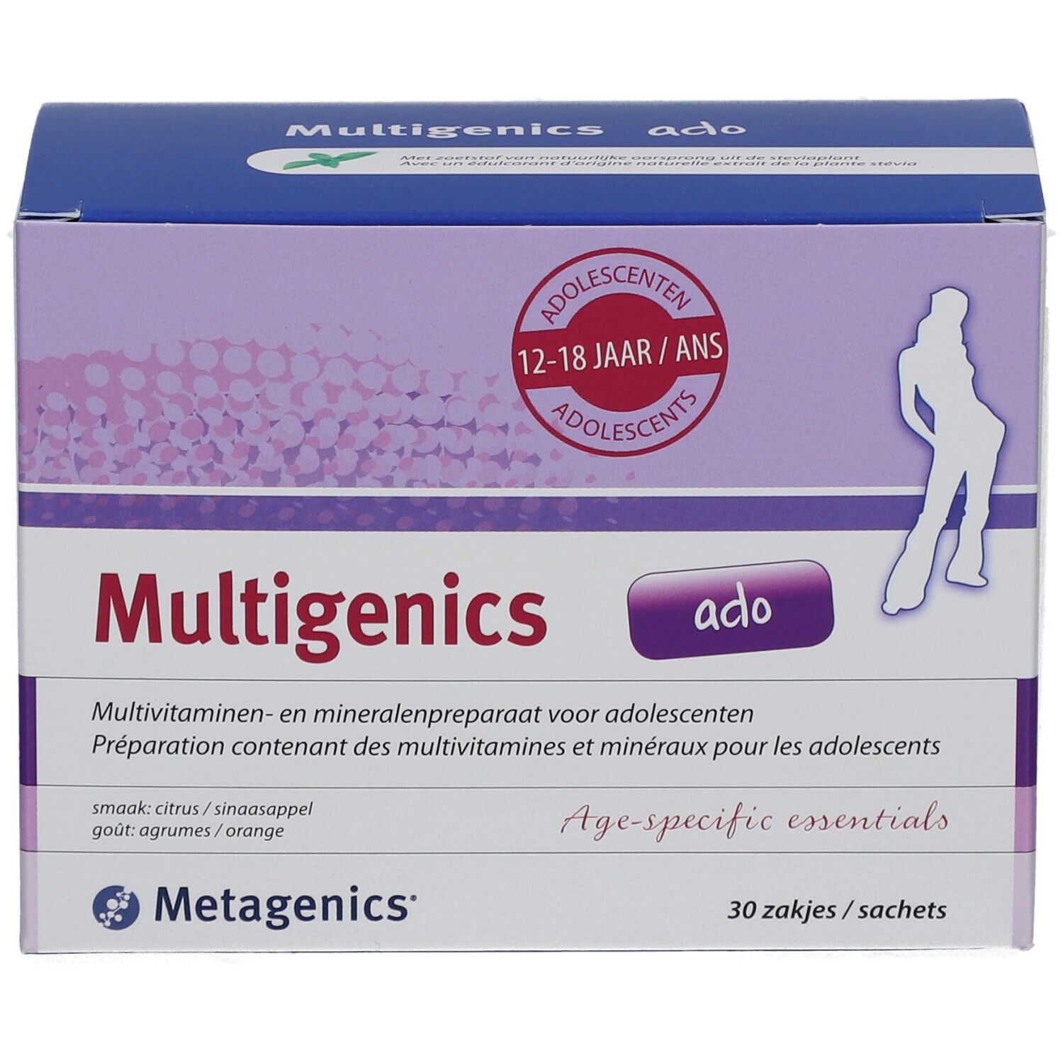 Boîte de Multigenics Ado. Contient des multivitamines et minéraux pour adolescents. Design violet et blanc avec texte et logo.