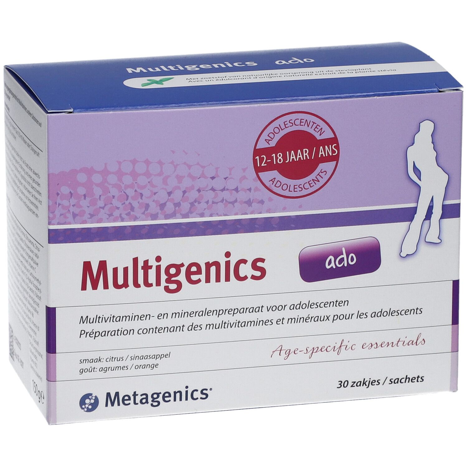 Boîte de Multigenics Ado. Contient des multivitamines et minéraux pour adolescents. Design violet et blanc avec texte et logo.
