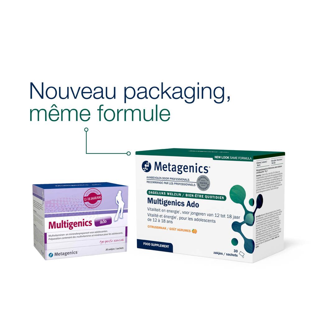 Boîte Multigenics Ado. Contient des multivitamines et minéraux pour adolescents. 30 sachets. Emballage violet et bleu.
