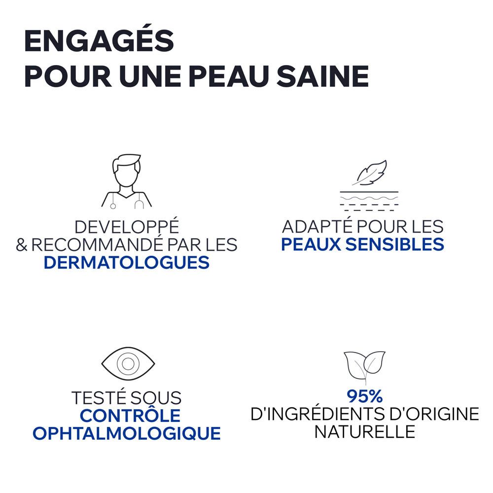 Symboles: Dermatologues, peaux sensibles, contrôle ophtalmologique, 95% ingrédients naturels.