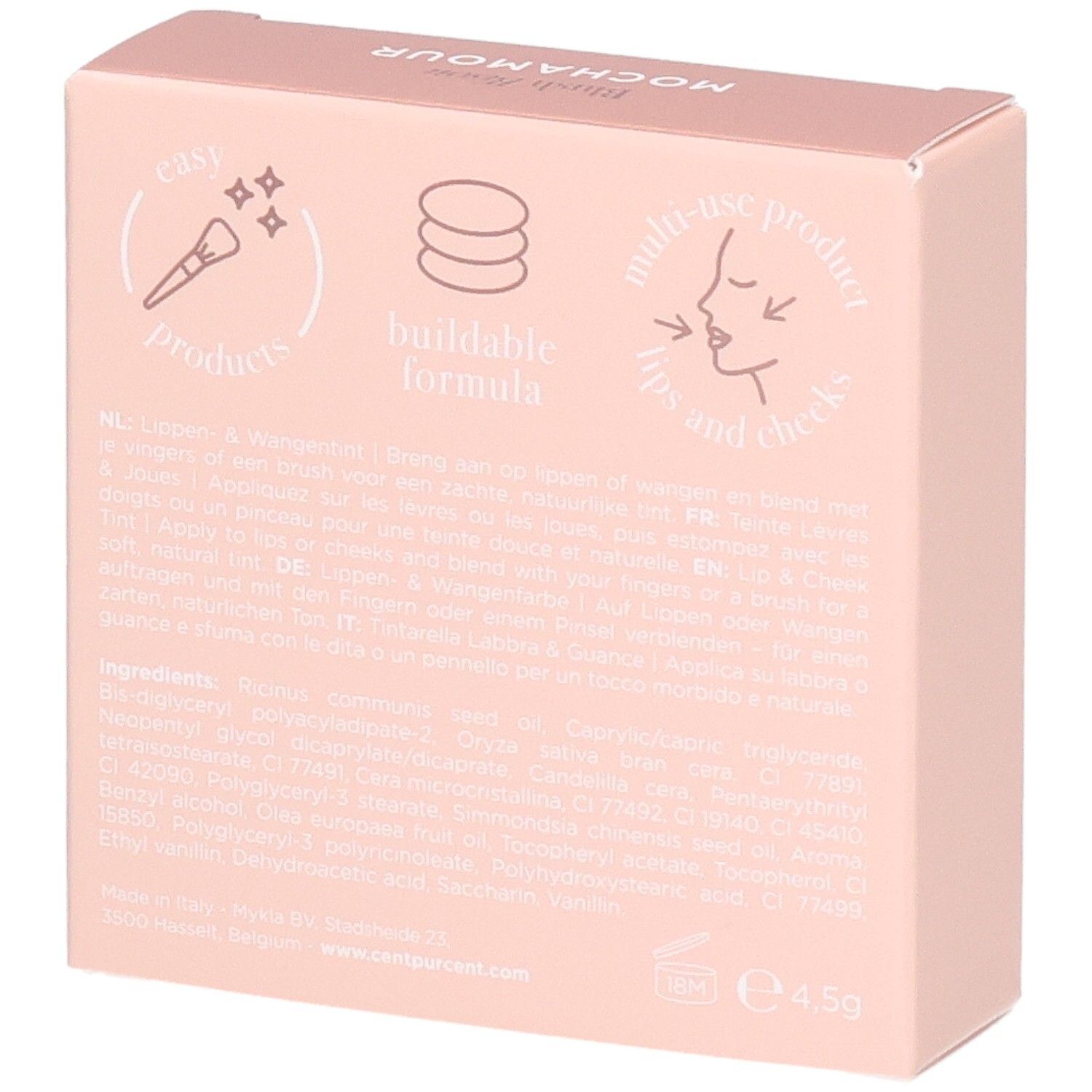 Emballage Cent Pur Cent Blush Bisou avec instructions et ingrédients. 4,5g.